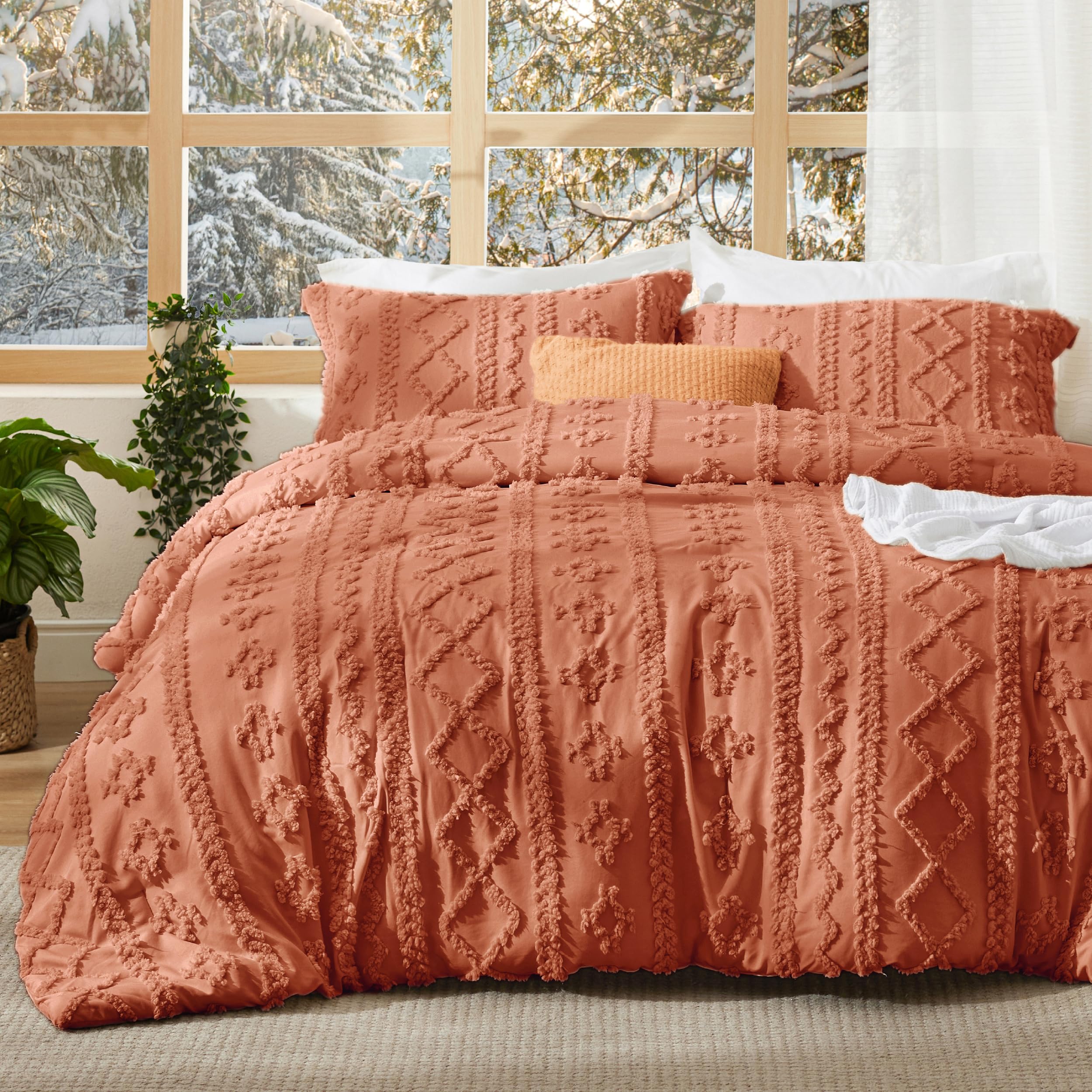 Bedsure Tufted Boho Comforter Set king  Size - Terracotta Boho Bedding Comforter Set, 3 Pieces Farmhouse Shabby Chic Embroidery Bed Set, Gifts for Woman, Soft Jacquard Comforter for All Seasons