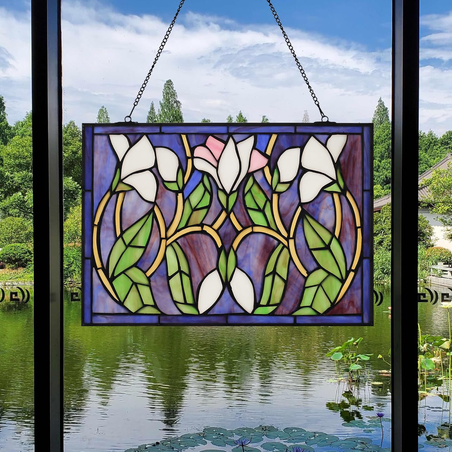 Rectangular Stained Glass Window Hanging Tiffany Style Handmade 16" X 11" Transom Window Panel Housewarming Gift Living Room Bedroom Kitchen Window Decor Hangings with Chain (Lily)