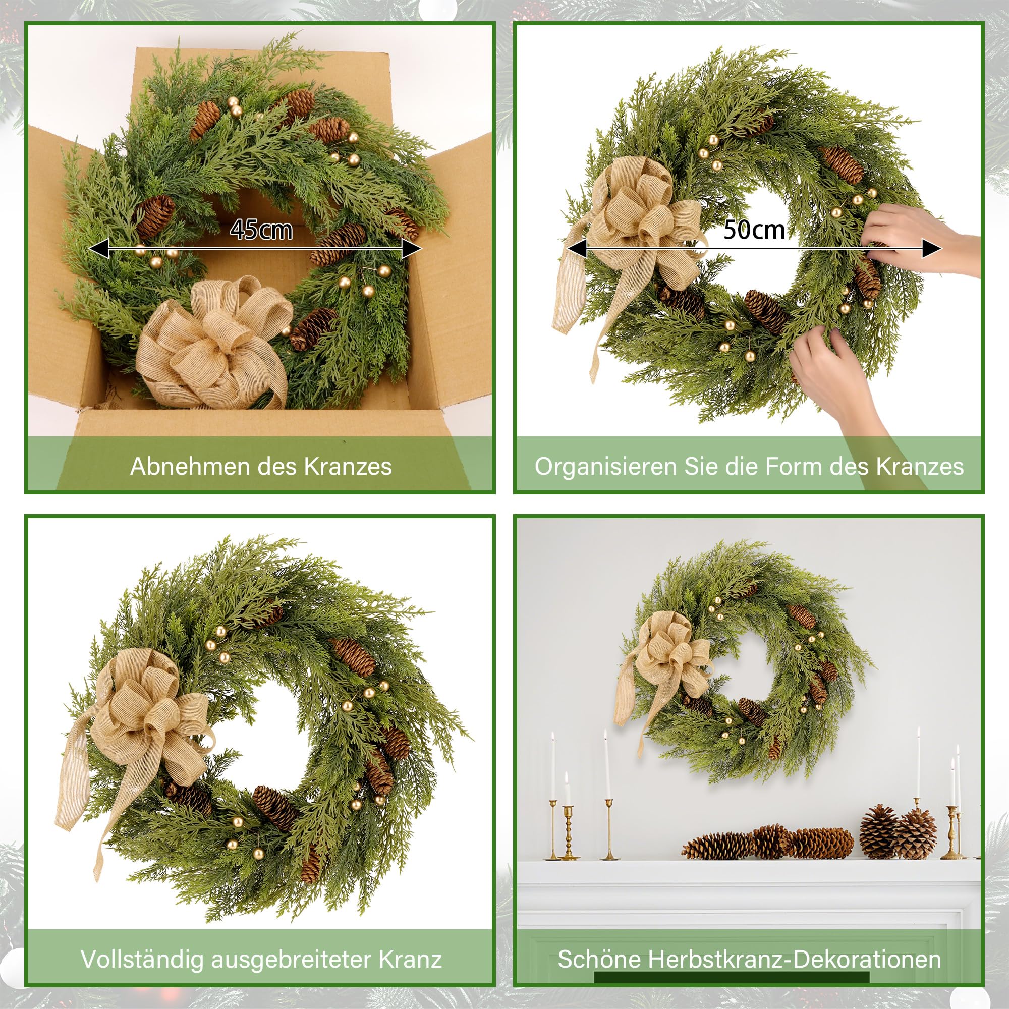 Zavothy 2PCS Türkranz Weihnachten 50 cm, Weihnachtskranz, Künstlicher Kranz mit Tannenzapfen und Weihnachtskugeln, Adventskranz, Weihnachtsdeko, Haustür Dekoration, Grün
