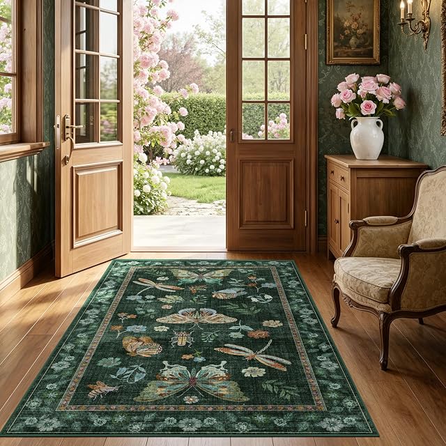 AIMPEAK Insect Roues de la zone verte foncée 3x5 pour le salon, Soft Non Slip Vintage Lavable Chambre à Butterfly Rug Sous le lit Tapis à faible-pile pour salle à manger Bureau Salle de jeux Cuisine Fleur Floral