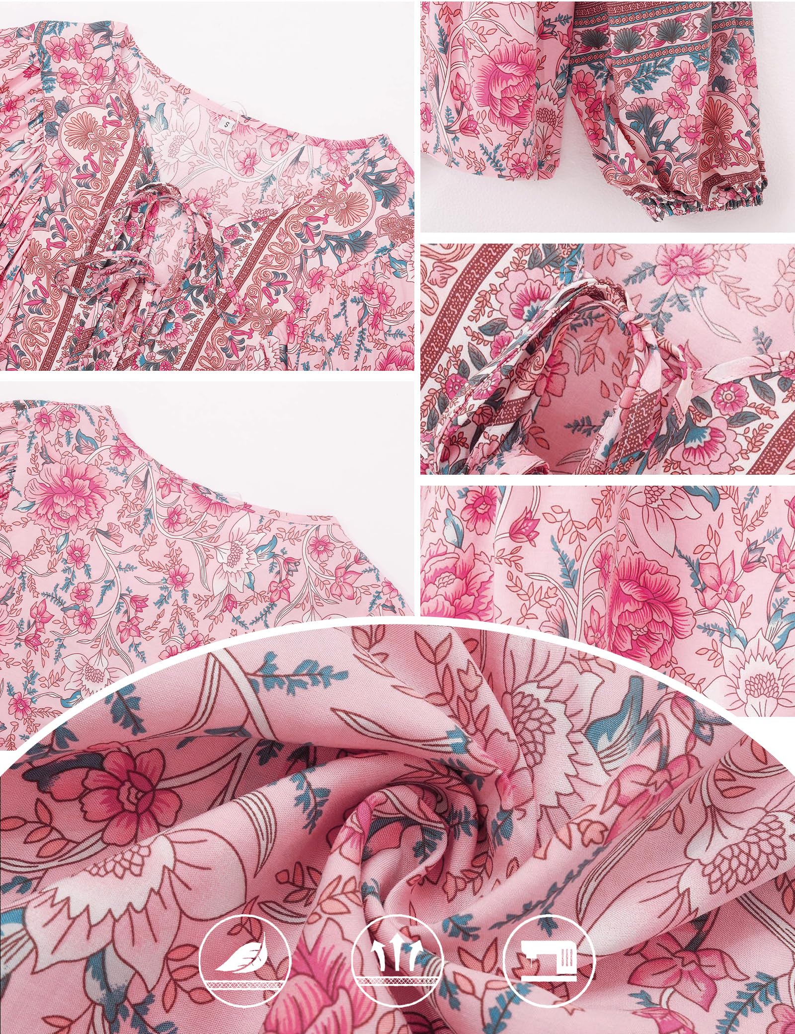 Chemisier pour Femme élégant décontracté Style bohème col en V Motif Floral Tunique Ample à Manches Longues été