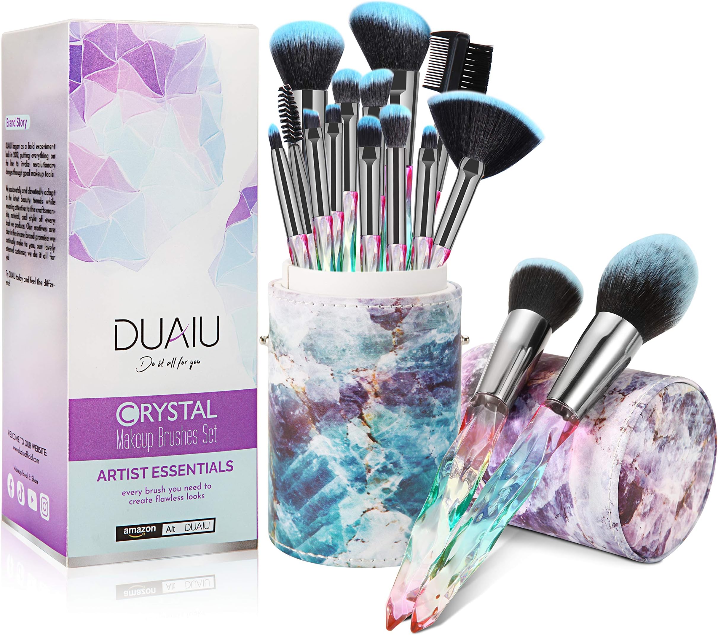 Makeup Brushes 15pcs Premium Synthetic Bristles Crystal Handle Set Kabuki Foundation Brush Face Lip Eye Makeup Brush Sets Professional with Starry Gift Box(Blue)