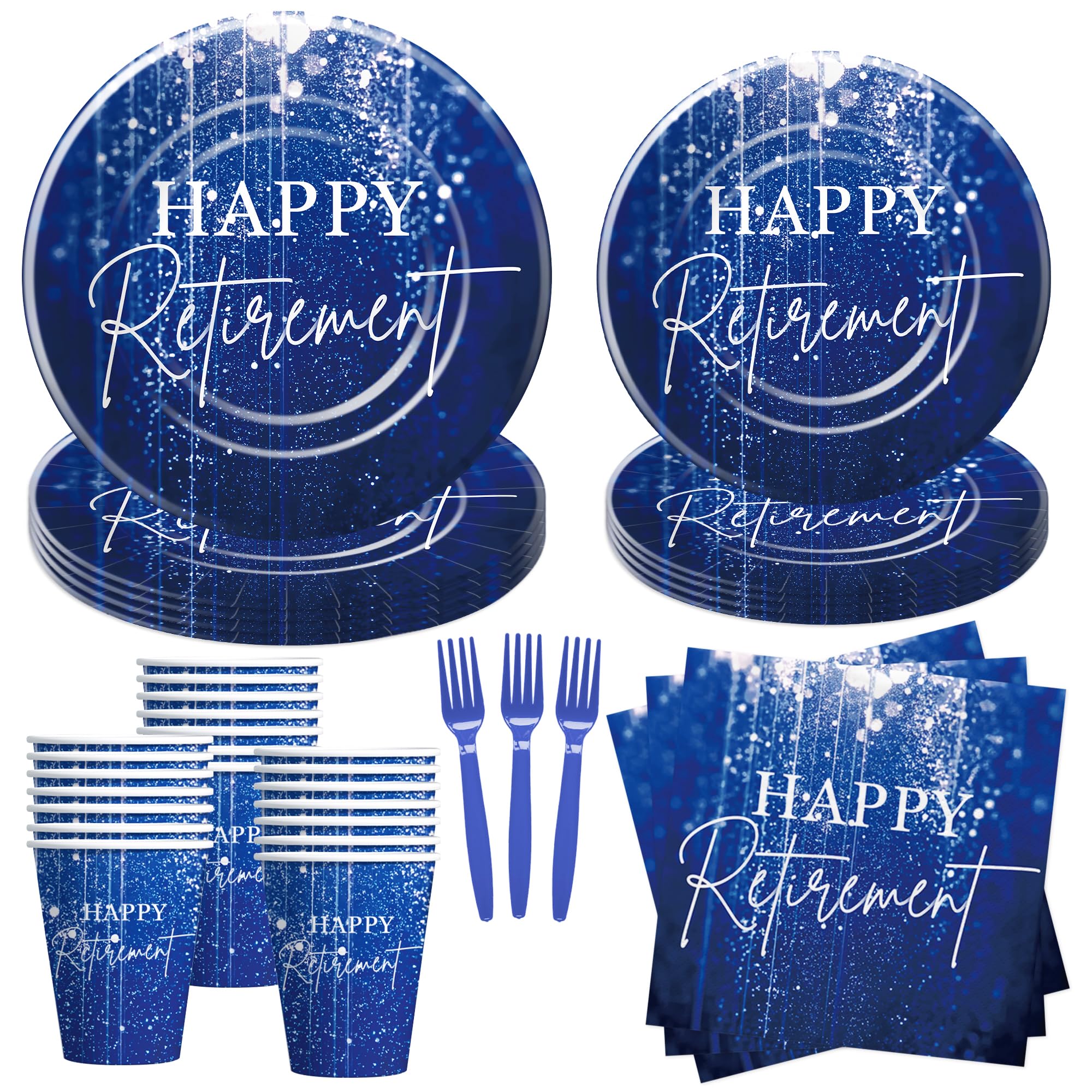 Xenorik Blue Retirement Party Decorations Tableware For Women Men - Happy Retirement Party Supplies, Retirement Paper Plate, Cup, Napkin, Fork, Disposable Retirement Table Decorations | Serve 24