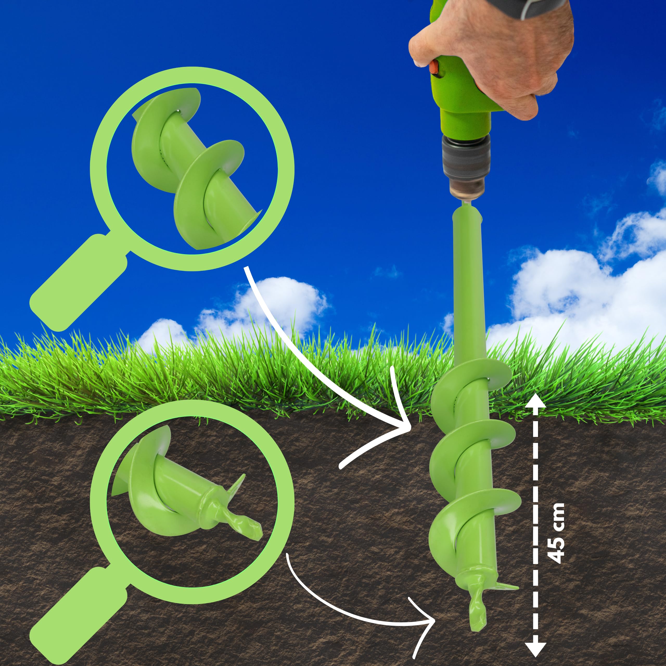 WERHE Punta da terra 60 mm Ø, lunga 450 mm per trapano e avvitatore a batteria – trivella da giardino per piantare senza sforzo fiori, arbusti e scavare fori per pali di recinzione