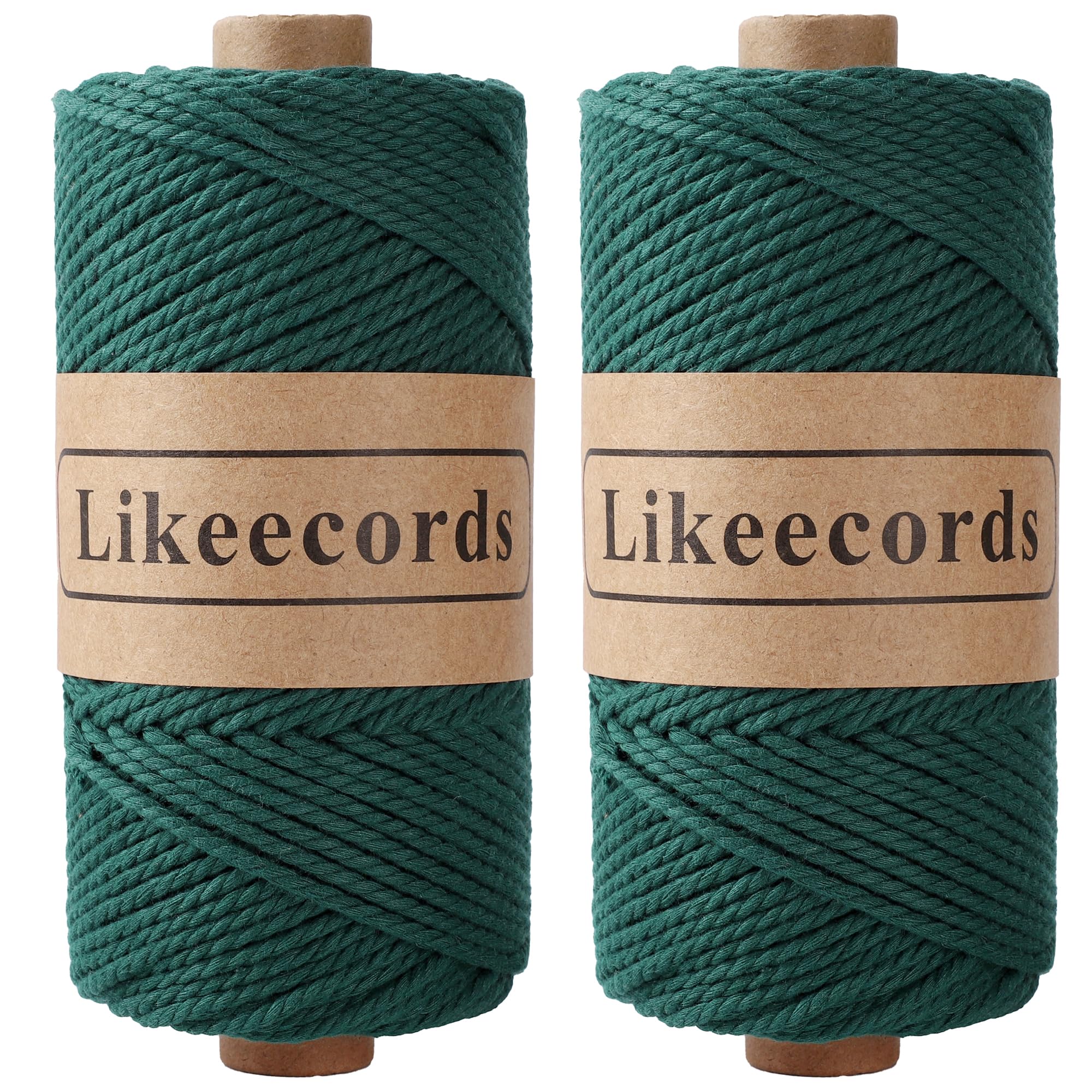 Likeecords Lot de 2 rouleaux de cordon en coton pour macramé, 3 mm x 100 m, 3 brins torsadés, fil pour macramé, fil pour macramé, cordon artisanal, pour tricot, suspension de plantes, décoration de