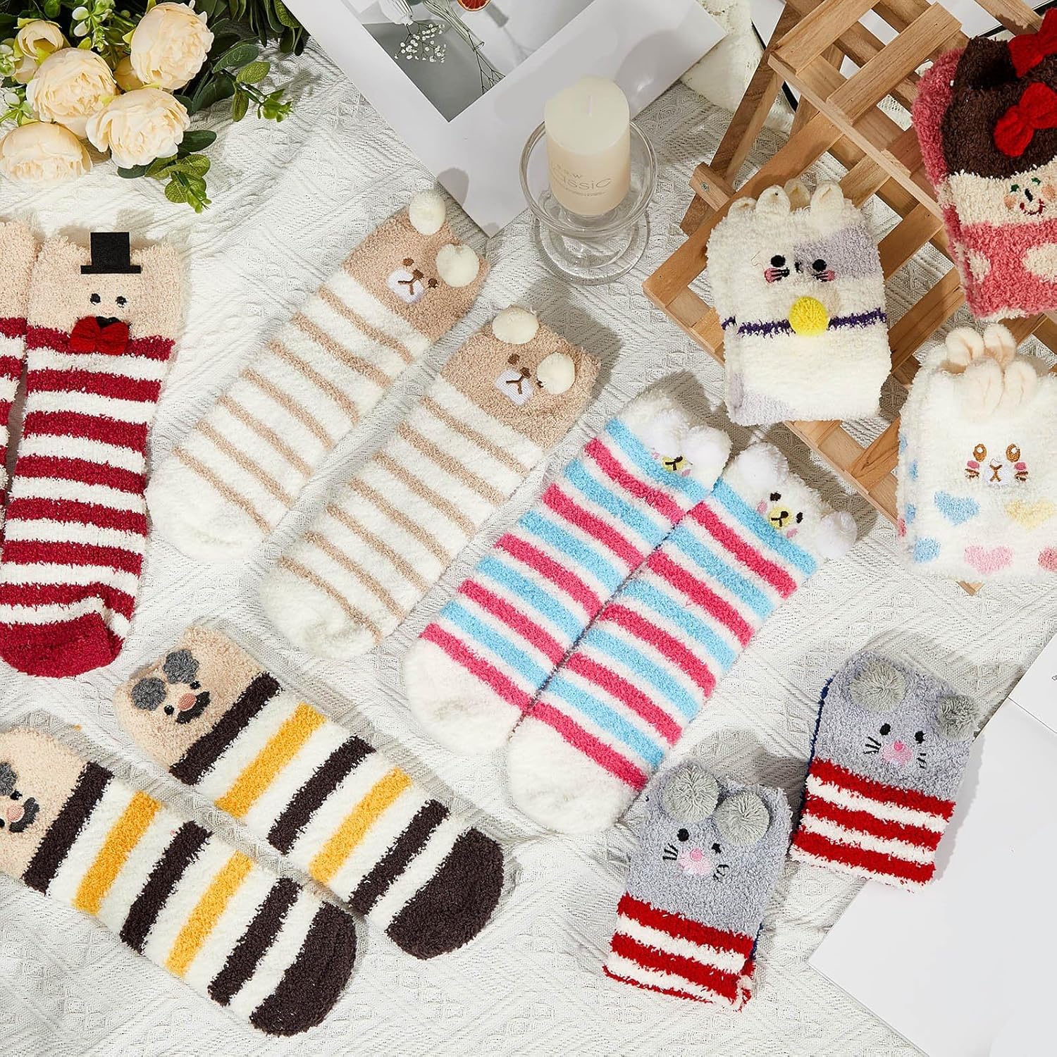 Hercicy 15 Pairs Women Fuzzy Socks Soft Striped Animal Fluffy Sleeping Winter Warm Cute Coral Fleece Cozy Slipper Socks - Image 3