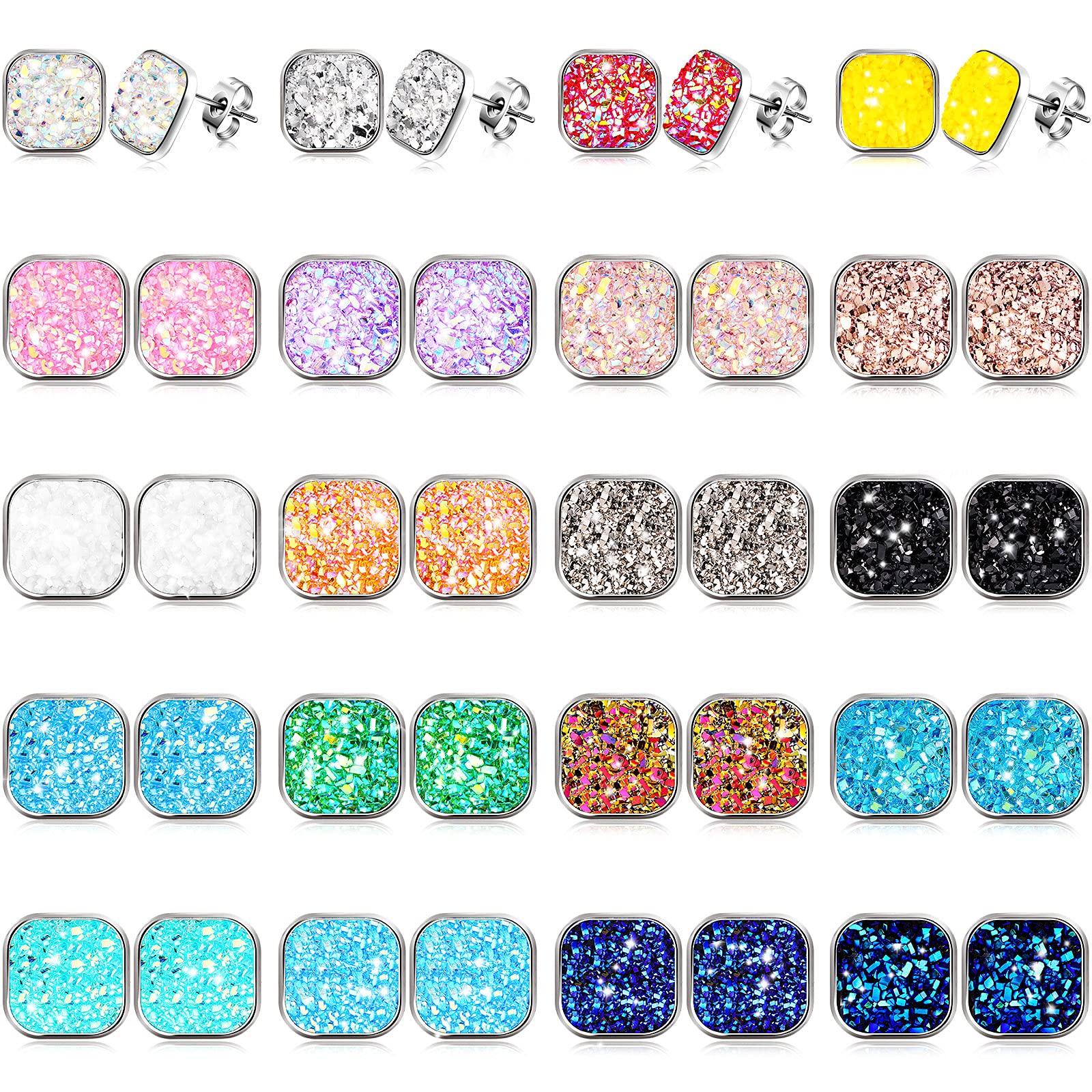 20 Pairs Druzy Stud Earrings Set Stainless Steel Earrings Pierced Earrings Jewelry for Women