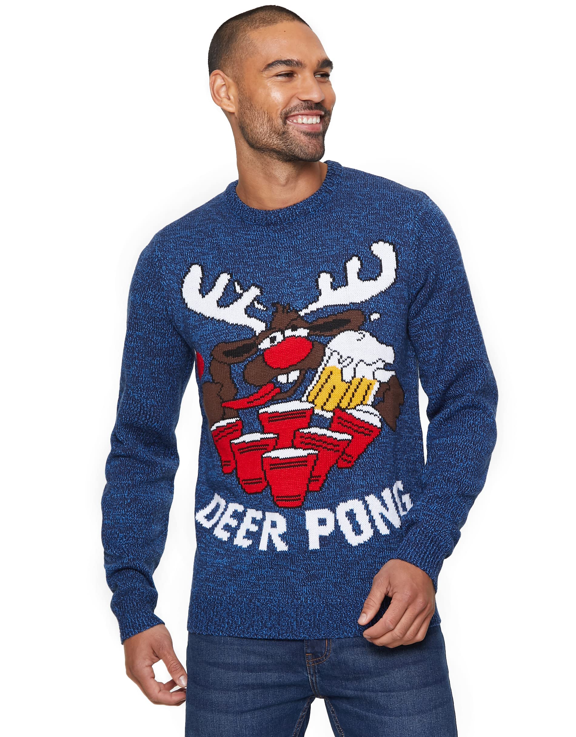 Mymixtrendz Men's Pong Navy Knitted Xmas Rudolf Reindeer Snowflake Festive Deer Bambi Christmas Jumper