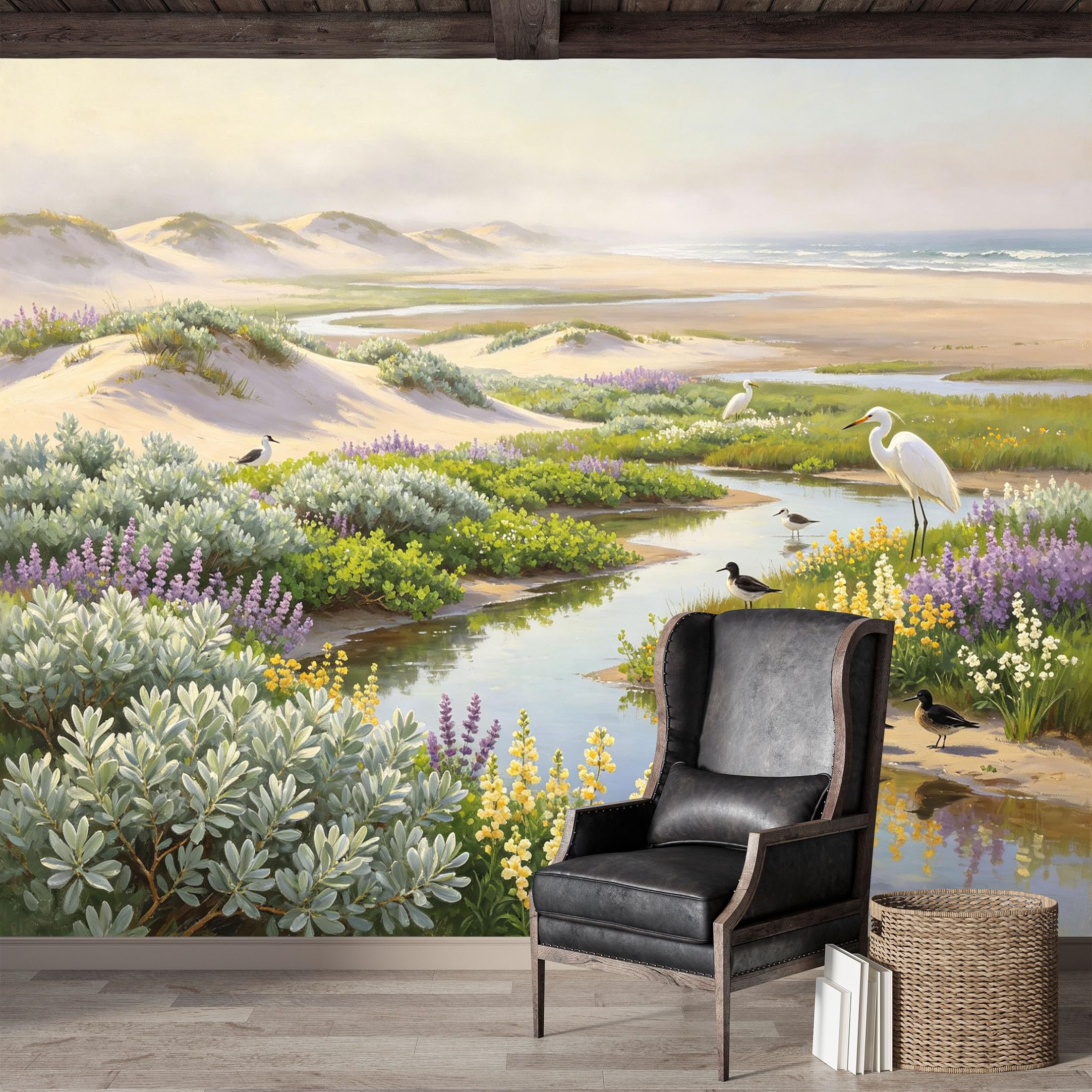 Custom Size Wall Mural,Coastal Seascape Marsh Landscape with Birds Oil Painting Premium Water Activated SelfAdhesive Wallpaper,Removable Wall Covering for Indoor Home Decor