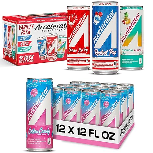 Accelerator Paquete variado de bebidas energéticas y algodón de azúcar, lata de 12 onzas (paquete de 12 unidades cada uno), cero azúcar, energía