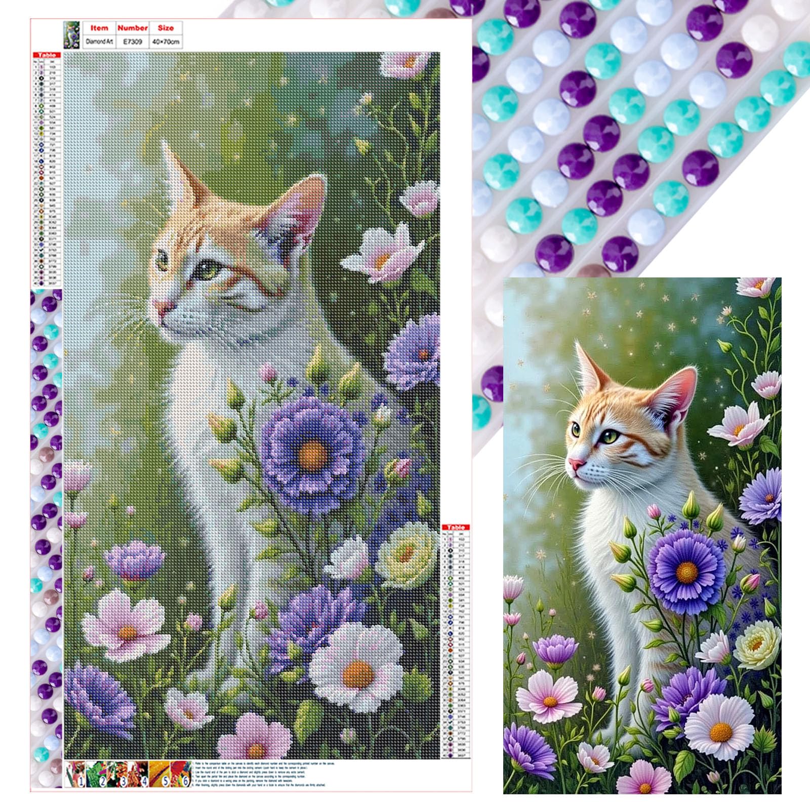Poetrydraw Cat Flowers Flowers Cat Full Diy 5D Round Drill Diamond Art Painting Kit For Adults/Beginners Gift Idea Home Decor Diamond Art Paintings Picture Arts Craft Large Size 40X70cm (Cat Flowers)