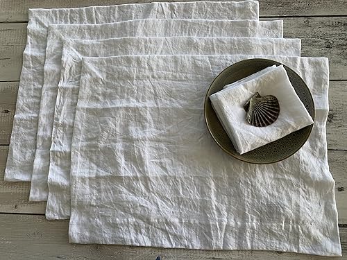 Eight Owls Manteles individuales de lino lavado a la piedra, 15 x 20 pulgadas, juego de 4 100% lino puro, esquinas ingletadas, dobladillo de 2