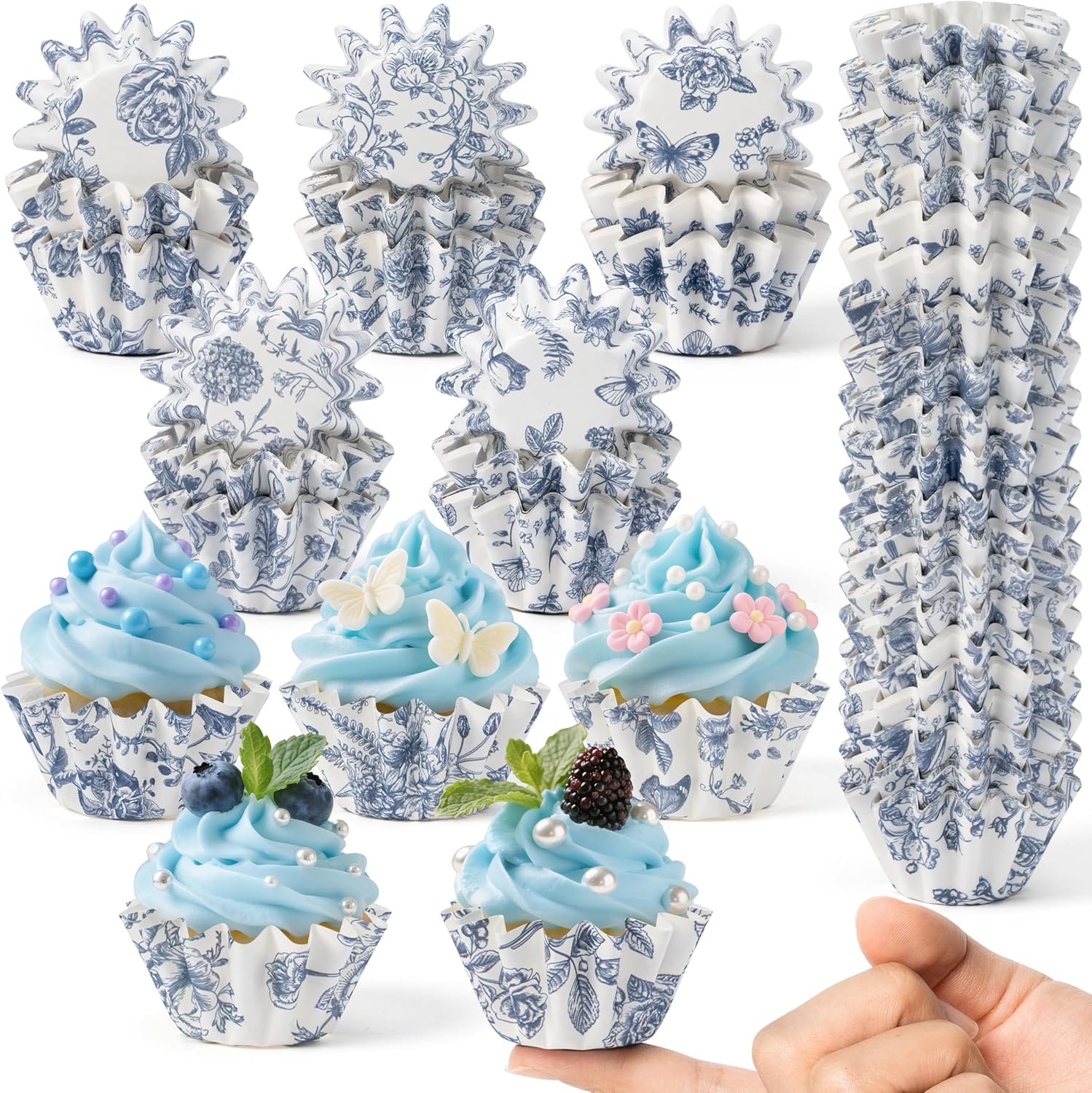 R HORSE Mini Size Cupcake Liners - 200Pcs Blue and White Flowers Grease-resistant Cupcake Cups for Baking, Heavy Duty Paper Muffin Baking Cups for Women Hostess Birthday Party Wedding Supplies