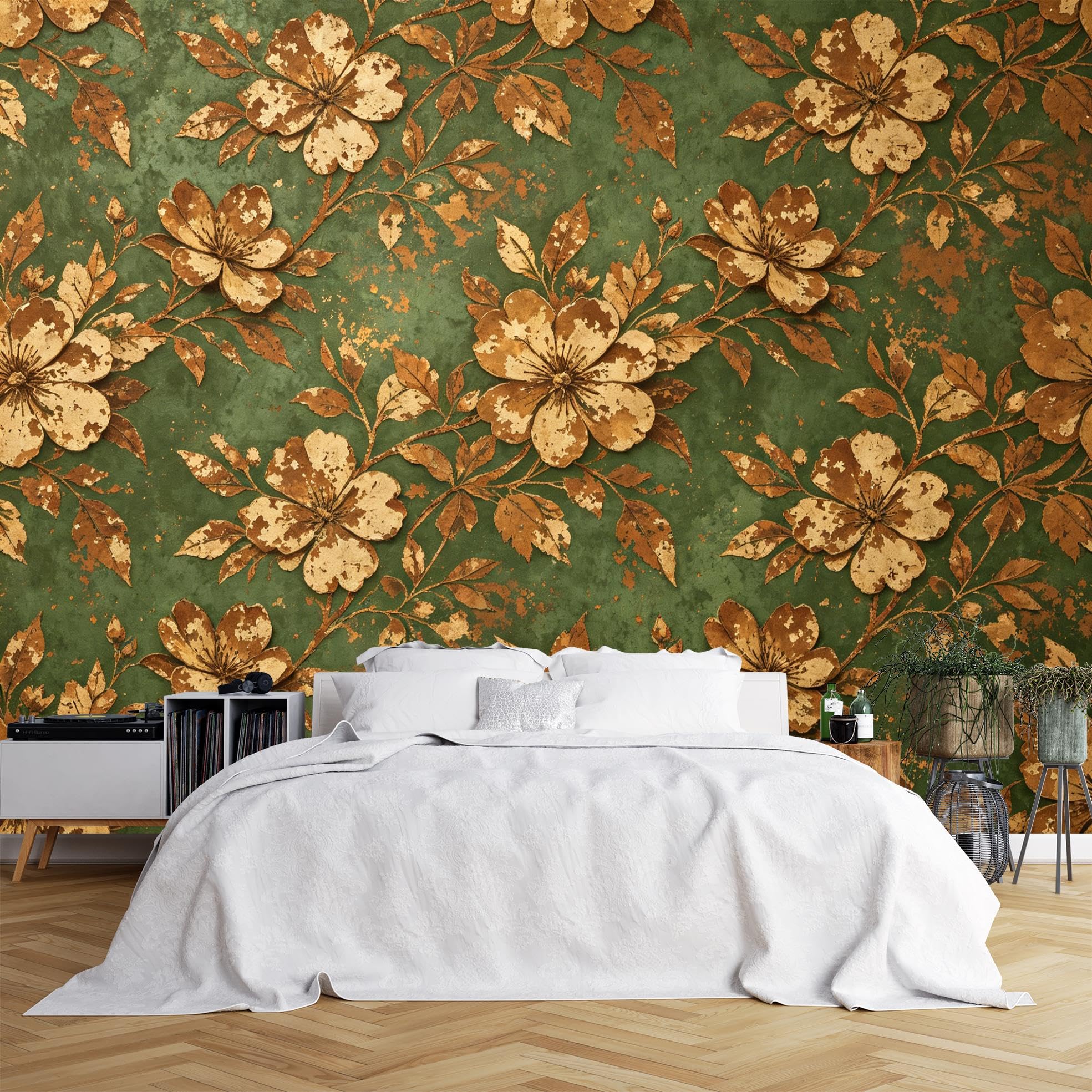 Papier Peint Adhésif Floral Vintage, Vert Foncé et Doré, Vinyle Autocollant 600 X 320 Cm (L X H), Amovible, pour Chambre, Salon, Meubles, Bricolage 600 X 320 Cm (L X H)