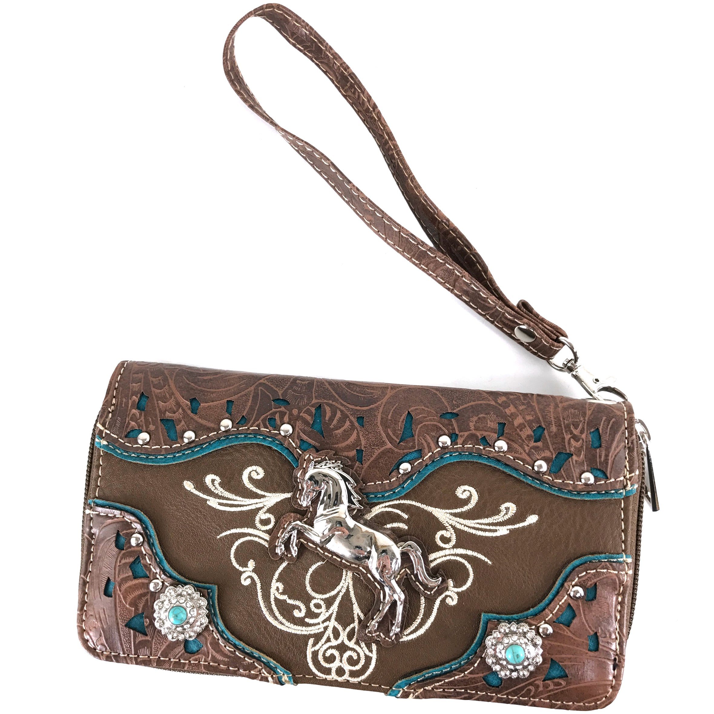 Justin West Brown Horse Embroidery Studded Concealed Carry Handbag Purse Matching Wallet (Brown Wallet)