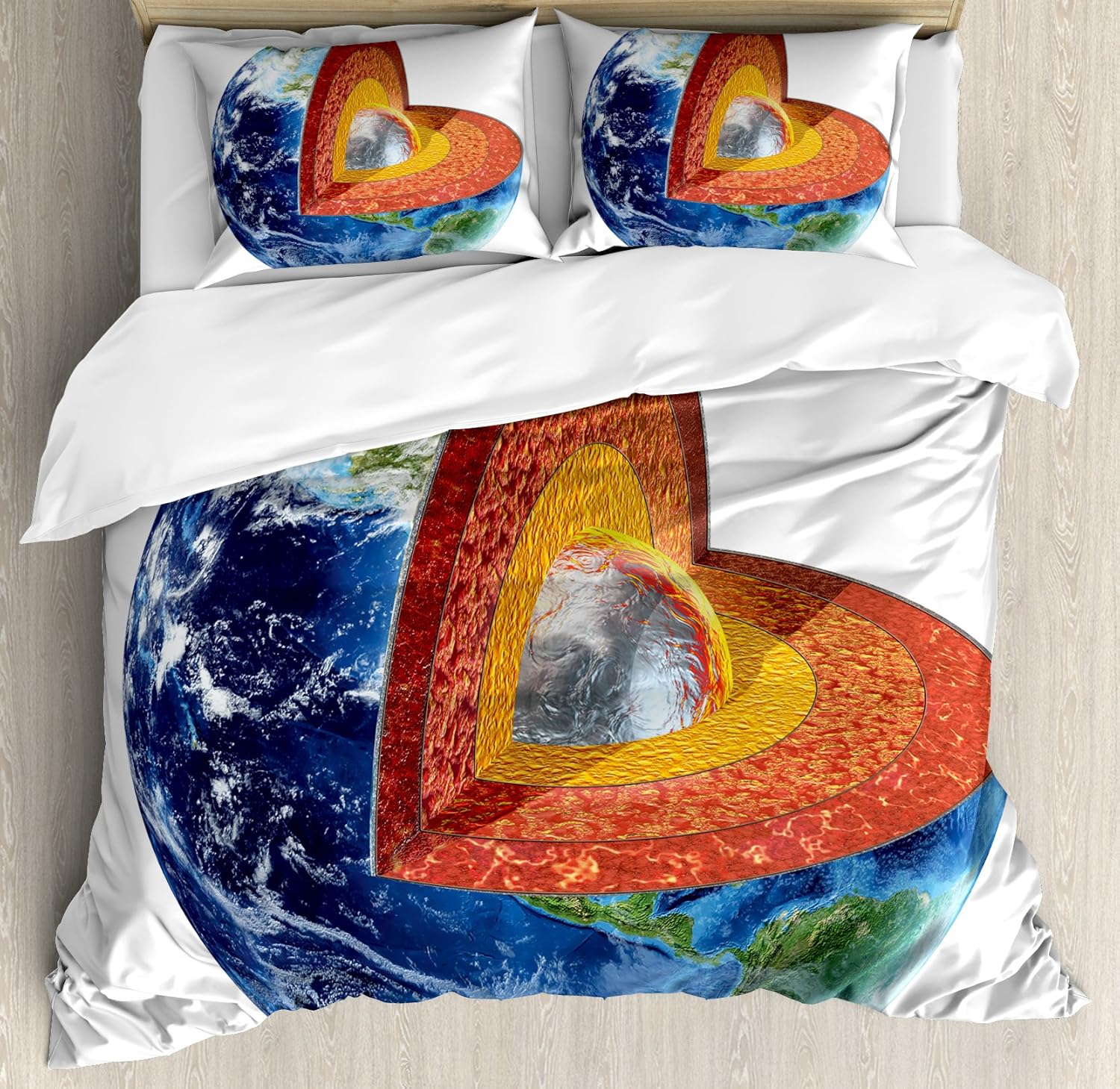 Ambesonne Earth Duvet Cover Set, Earth Image Showing The Inner Core Geology and Science Themed Planet Globe Print, Decorative 3 Piece Bedding Set with 2 Pillow Shams, Queen Size, Blue Green Orange Queen Blue Green Orange