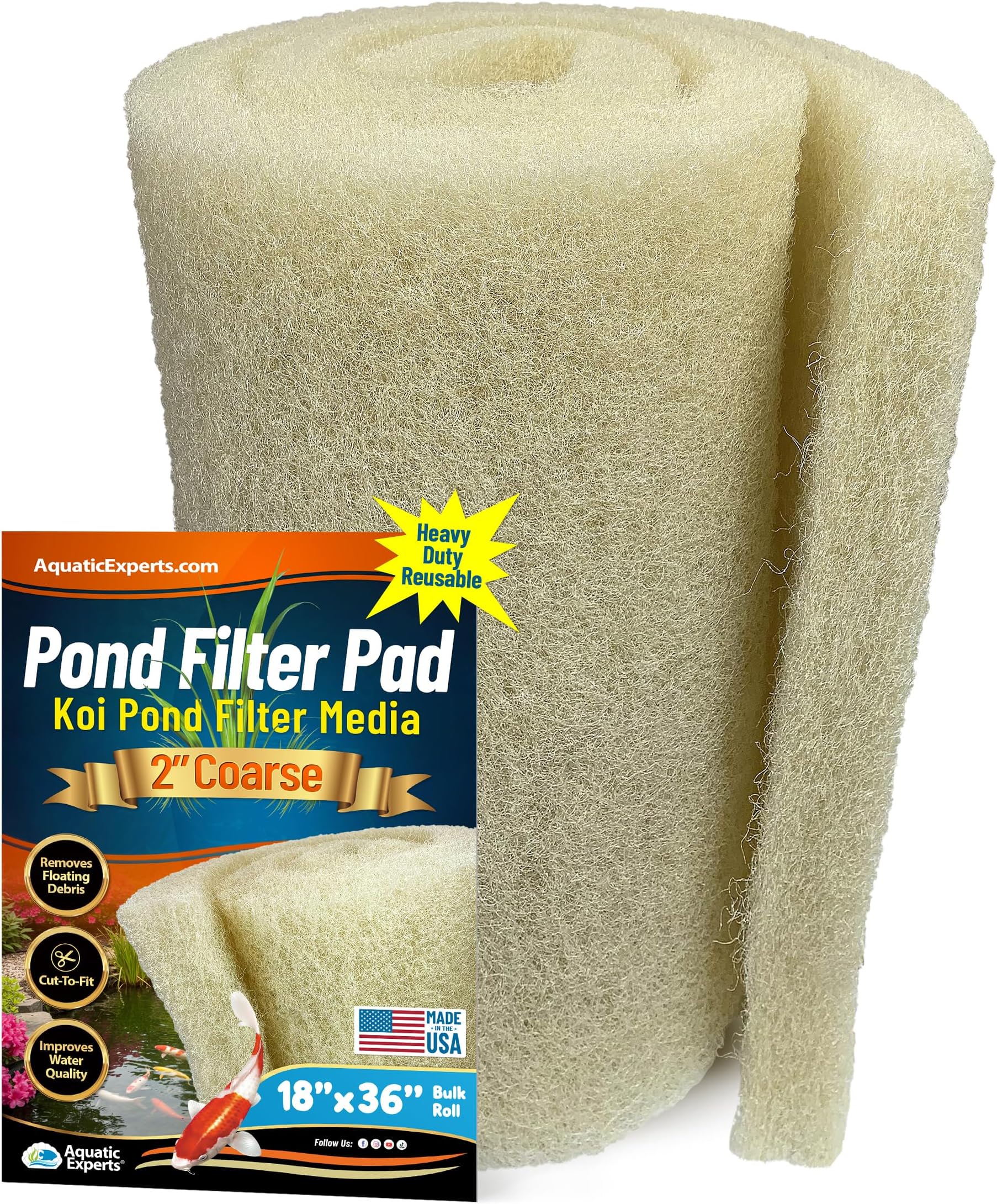 Aquatic Experts Cream COARSE Pond Filter Pad - 2 inch Thick - Bulk Roll Water Garden Filter Pond Media - Made in USA, (18 inch by 36 inch)