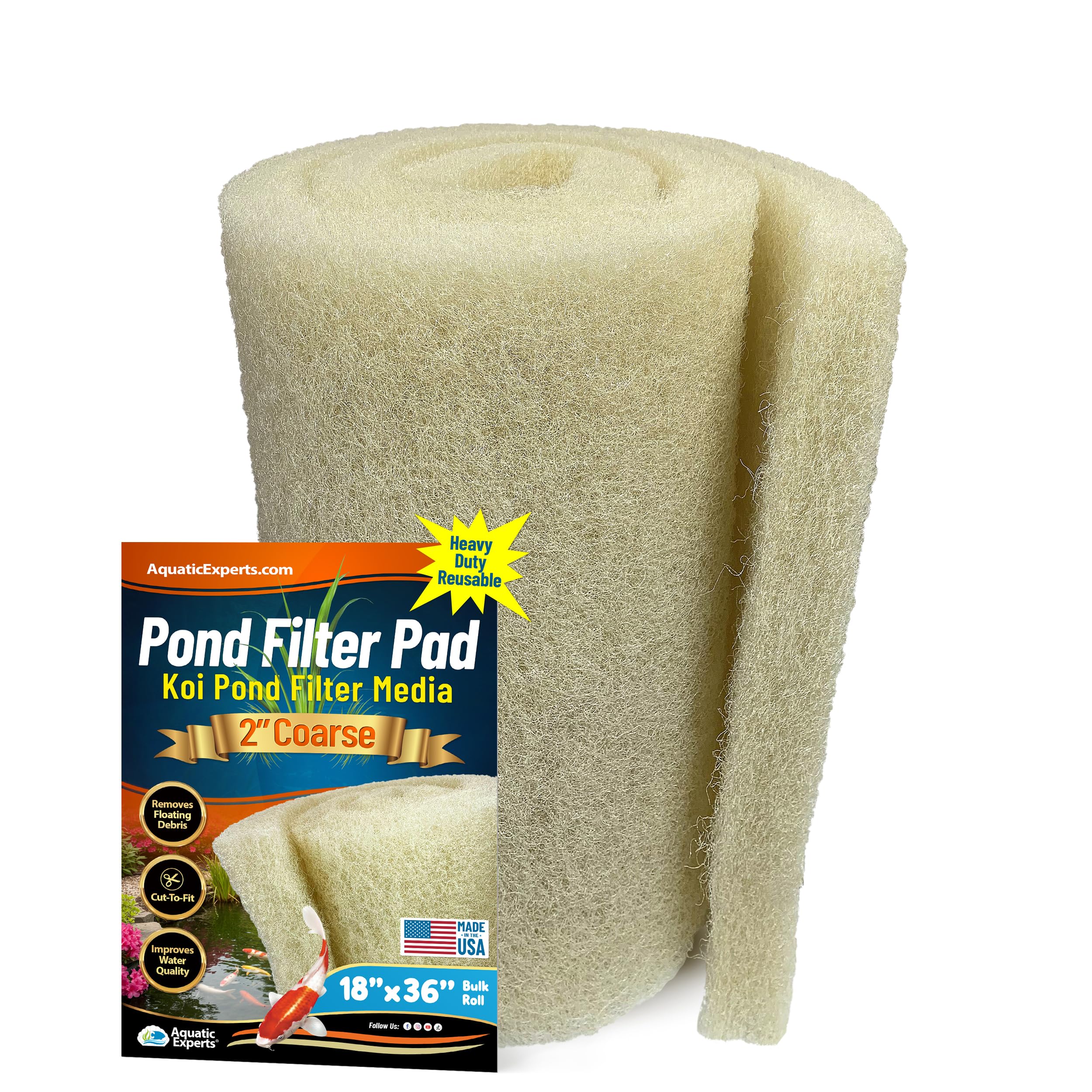 Cream COARSE Pond Filter Pad - 2 inch Thick - Bulk Roll Water Garden Filter Pond Media - Made in USA (18 inch by 36 inch)