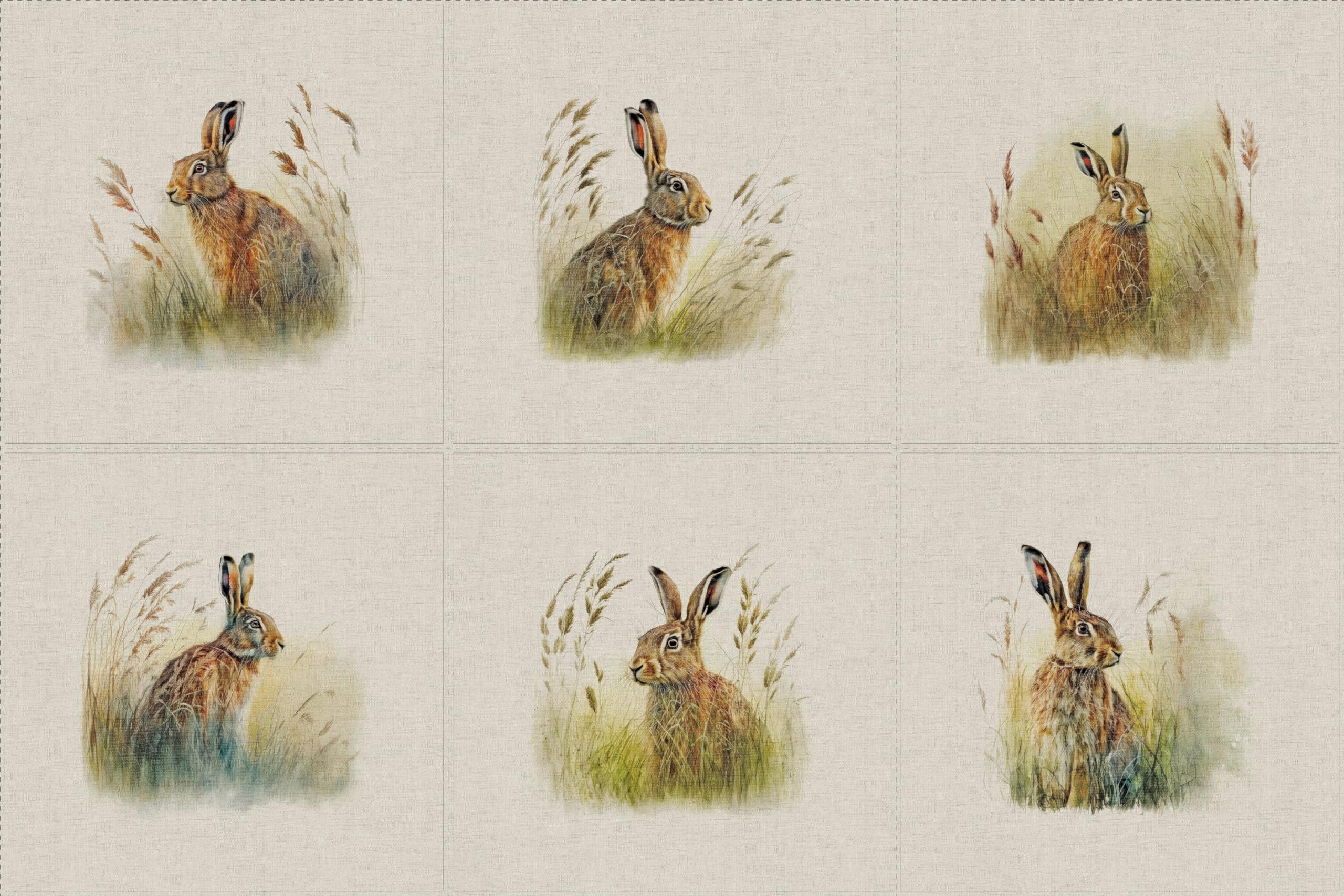 Crafty Linen Panels 6 x Country Hares - Set of 6 Hare Prints Different Designs