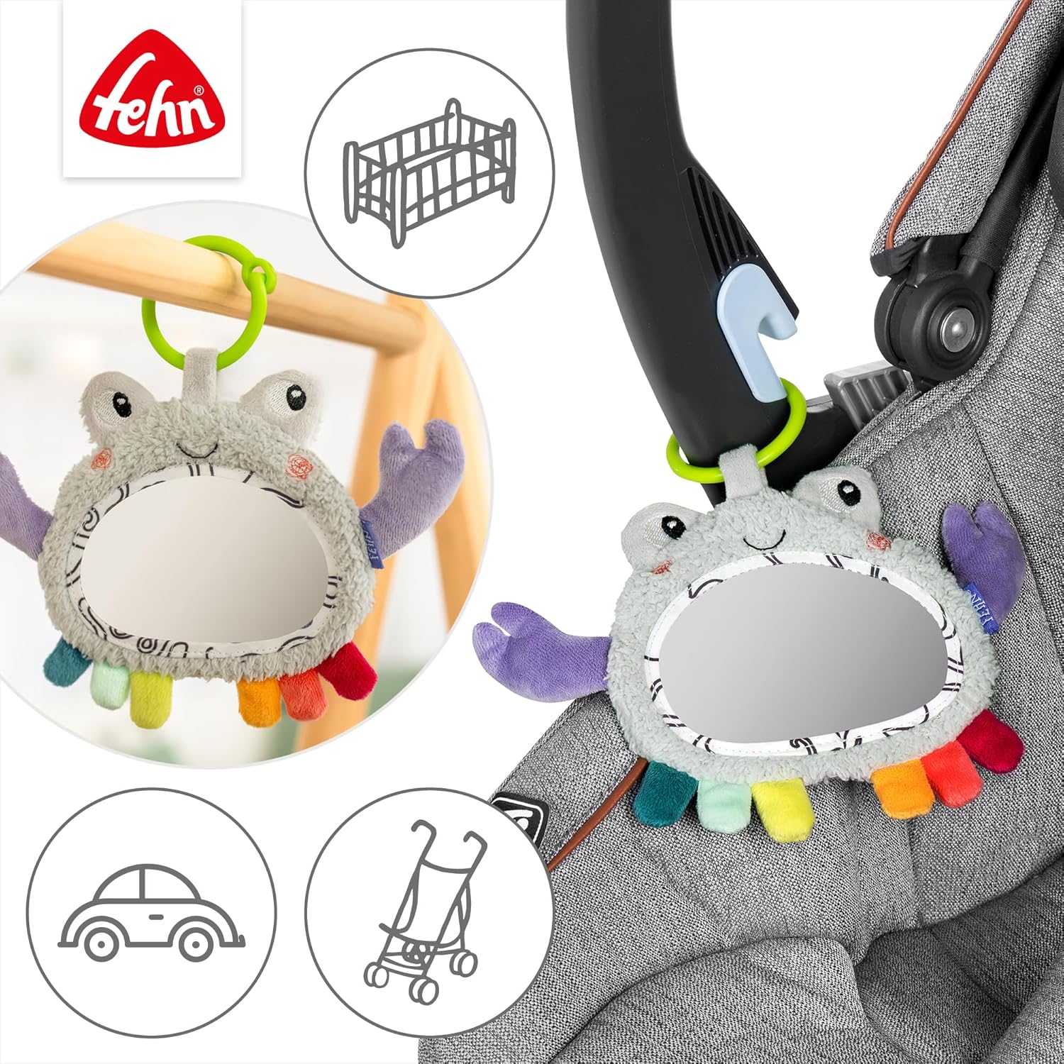 Fehn Activity Mirror Crab – Motor Skill Toy for Hanging for Pram, Cot and Baby Seat – to Produce Bite, Grab and Sound, Toy for Babies and Children from 0+
