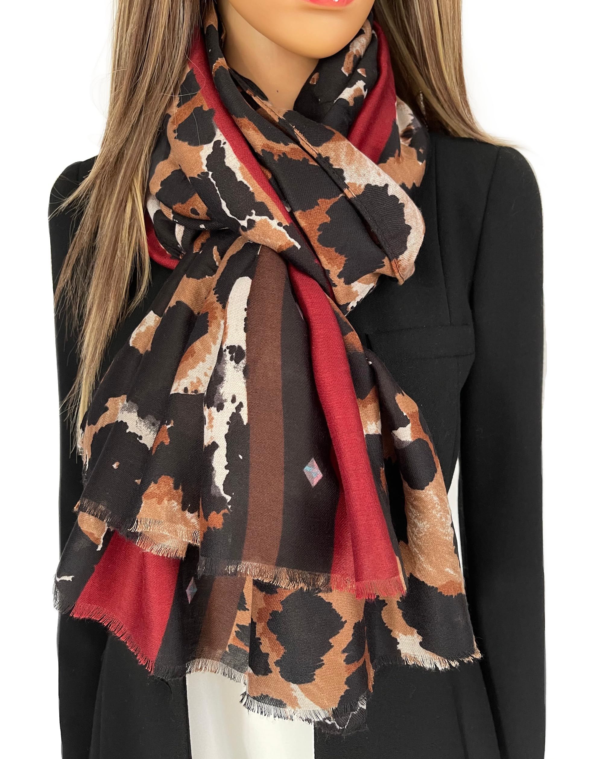 The Accessory Co. Women's Cameo Burgundy Large Snakeskin Scarf For – Leopard Print Block Design – Lightweight Animal Print Shawl Wrap – Stylish Neck Scarf For