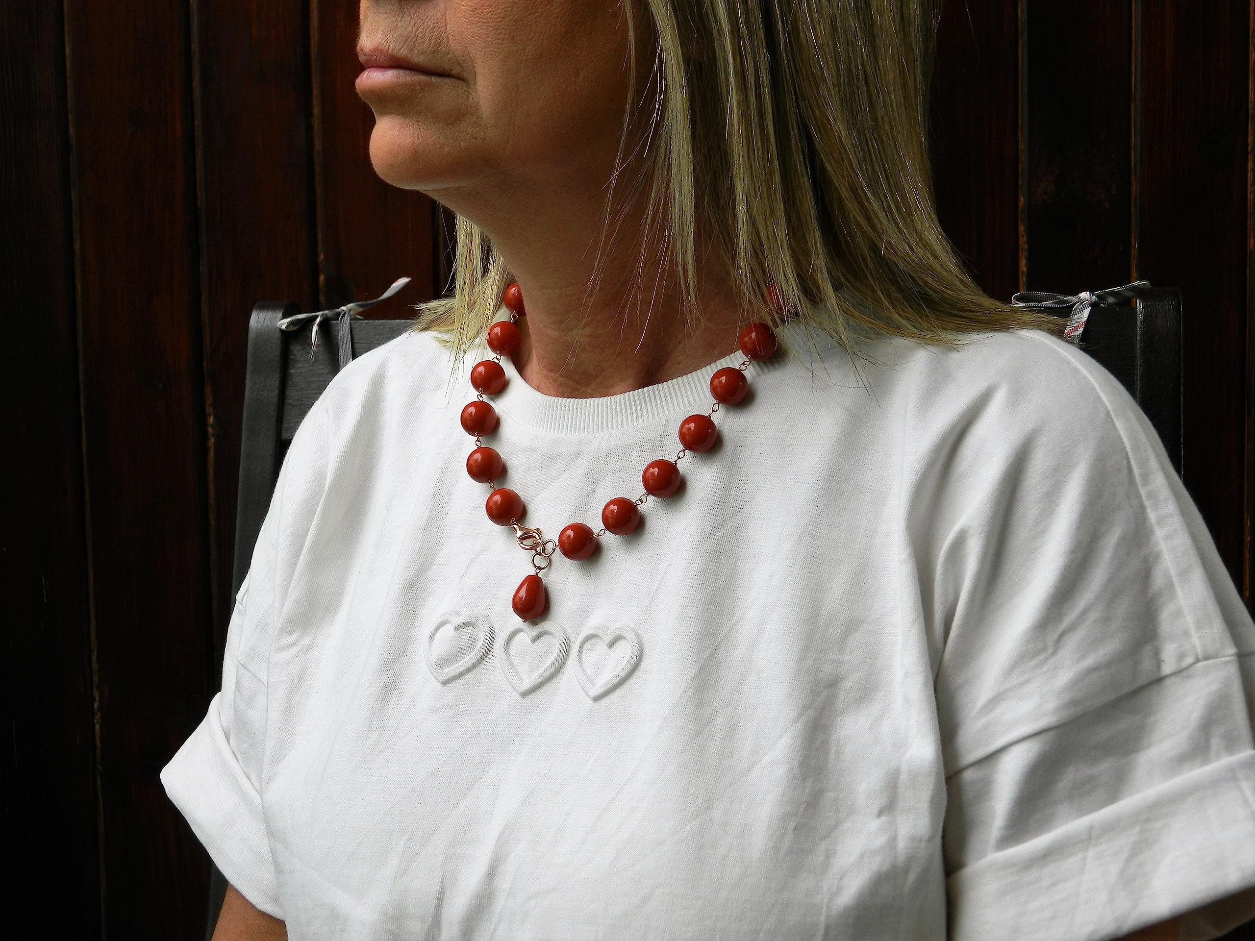 Collana girocollo donna in pasta di corallo rosso Sardegna – Palline 14 mm e goccia pendente 12x16 mm – Argento 925 placcato oro rosa – Handmade Made in Italy - DodiGioielli