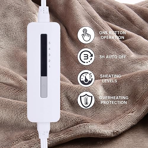 Miniatura 3 de McJaw Manta térmica eléctrica de franela acogedora de 50 x 60 pulgadas, 5 niveles de calefacción, calentamiento rápido con 3 horas de apagado