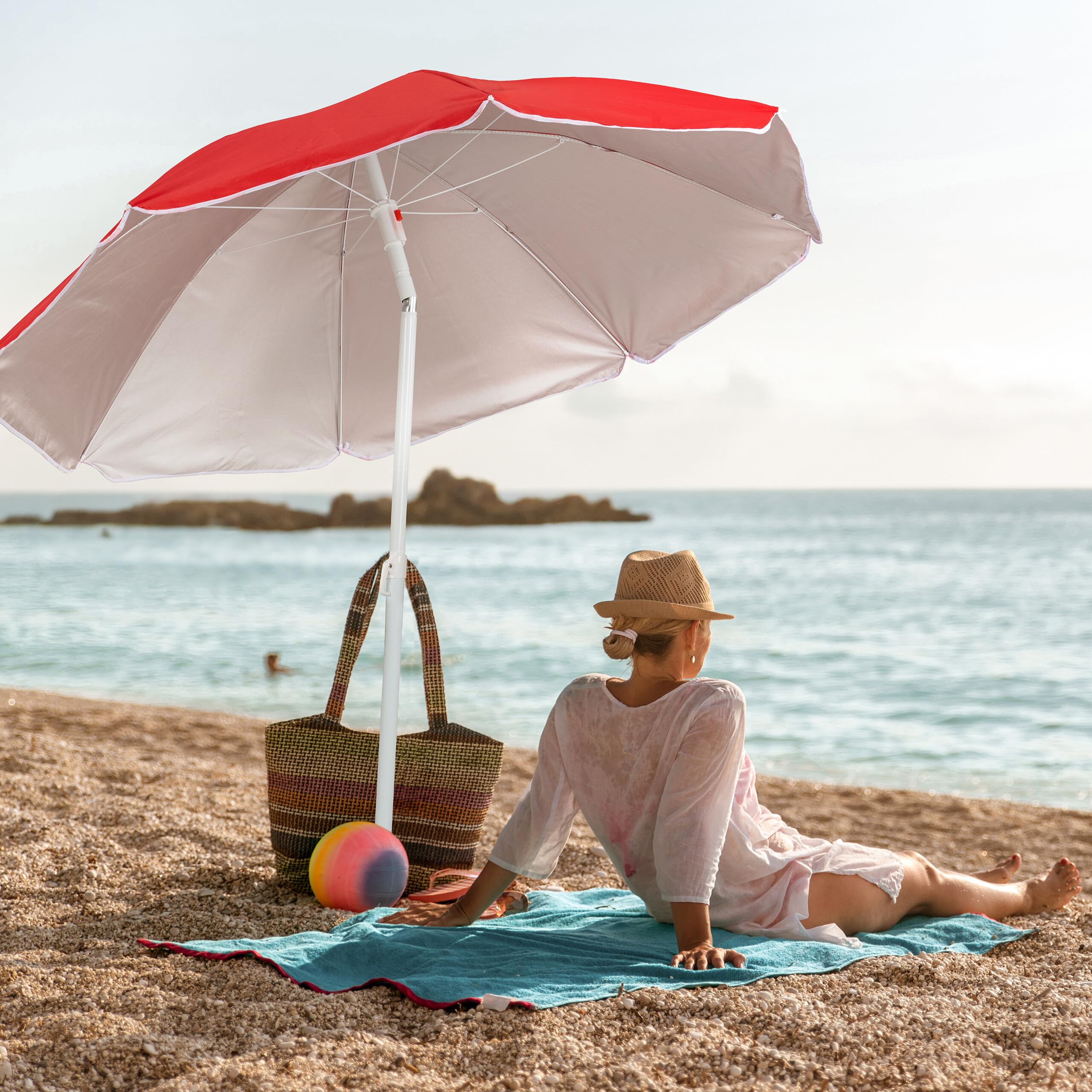 Relaxdays Parasol, diamètre 160 cm, inclinable, Hauteur réglable, Protection UV, Sac de Transport, Plage & Balcon, Rouge