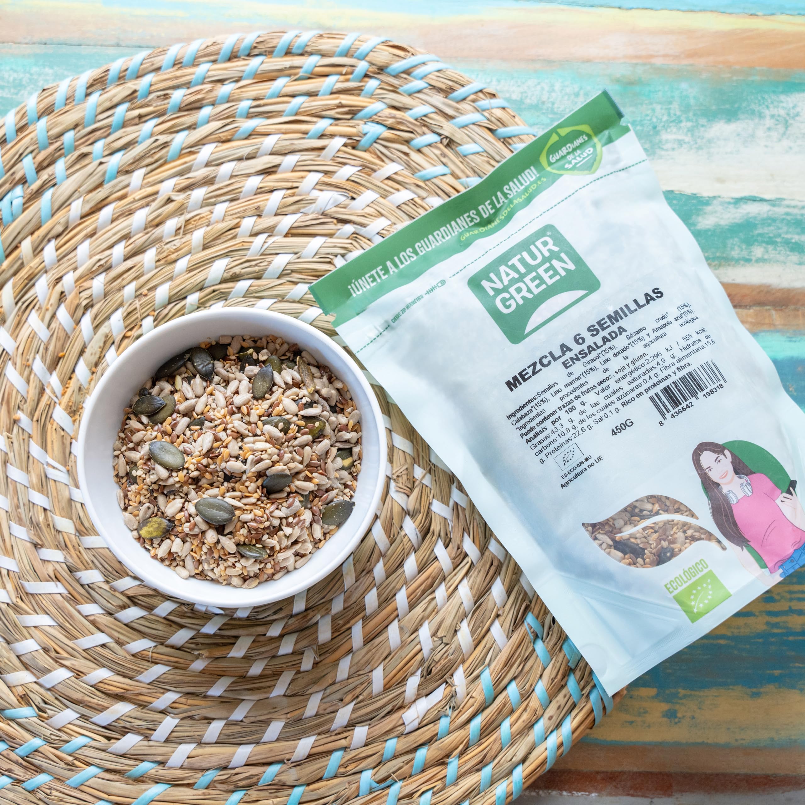 NaturGreen Mezcla 6 Semillas para Ensalada Bio 10 x 450 g, Lino, Girasol, Calabaza, Cáñamo, Sésamo, Chía, Omega 3, Fibra, Proteína, Sin Gluten, Vegano