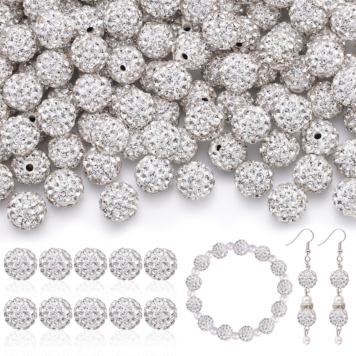 105 cuentas de diamantes de imitación de 10 mm para hacer joyas, bolas de discoteca redondas y brillantes blancas, cuentas de arcilla de cristal brillante para Navidad, pulseras, collares, pendientes, manualidades y bricolaje.