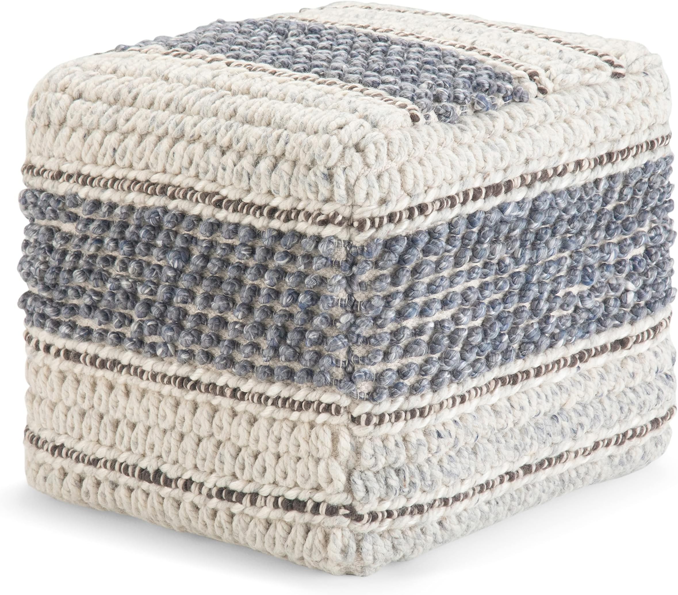 SIMPLIHOME Grady Square Pouf - 18 inch Wide Wool and Cotton Handloom Woven Ottoman in Blue and Natural, Contemporary Footstool or Extra Seating for Living Room with Polystyrene Bead Filling, Assembled