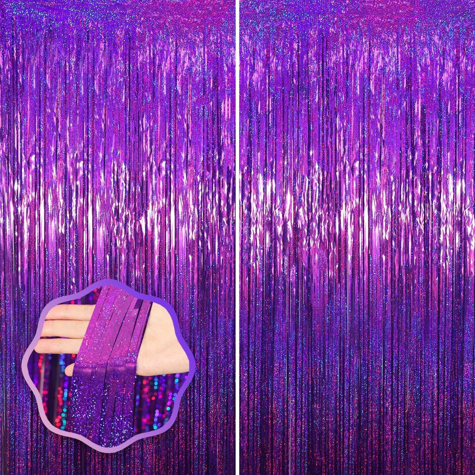 Voircoloria Laser Purple Foil Fringe Backdrop Curtains,3.3x6.6ft, 2 Pack