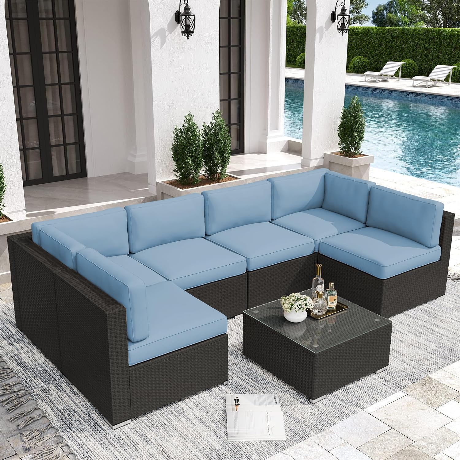 Crownland 7-Piece Outdoor Patio Furniture Sets, All-Weather Black Wicker Rattan Sectional Sofa, Modern Glass Coffee Table and Washable Seat Cushion with YKK Zipper,Light Blue