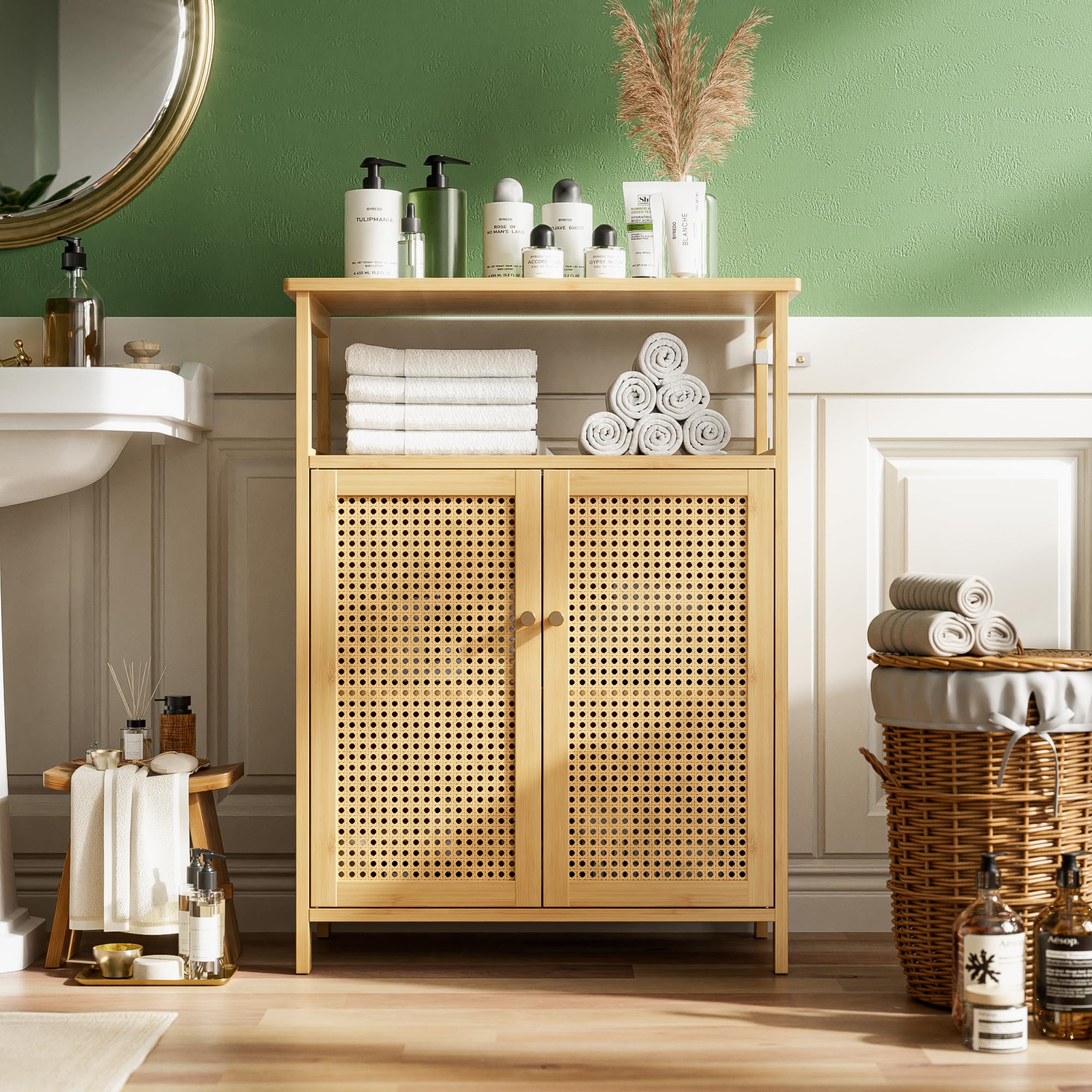 Armario de Baño con Soporte de Suelo, Mesa Organizadora de Almacenamiento de Bambú con 2 Puertas de Ratán y 1 Estante, Armario Lateral de Madera para Pasillo, Cocina, Sala de Estar (Natural)