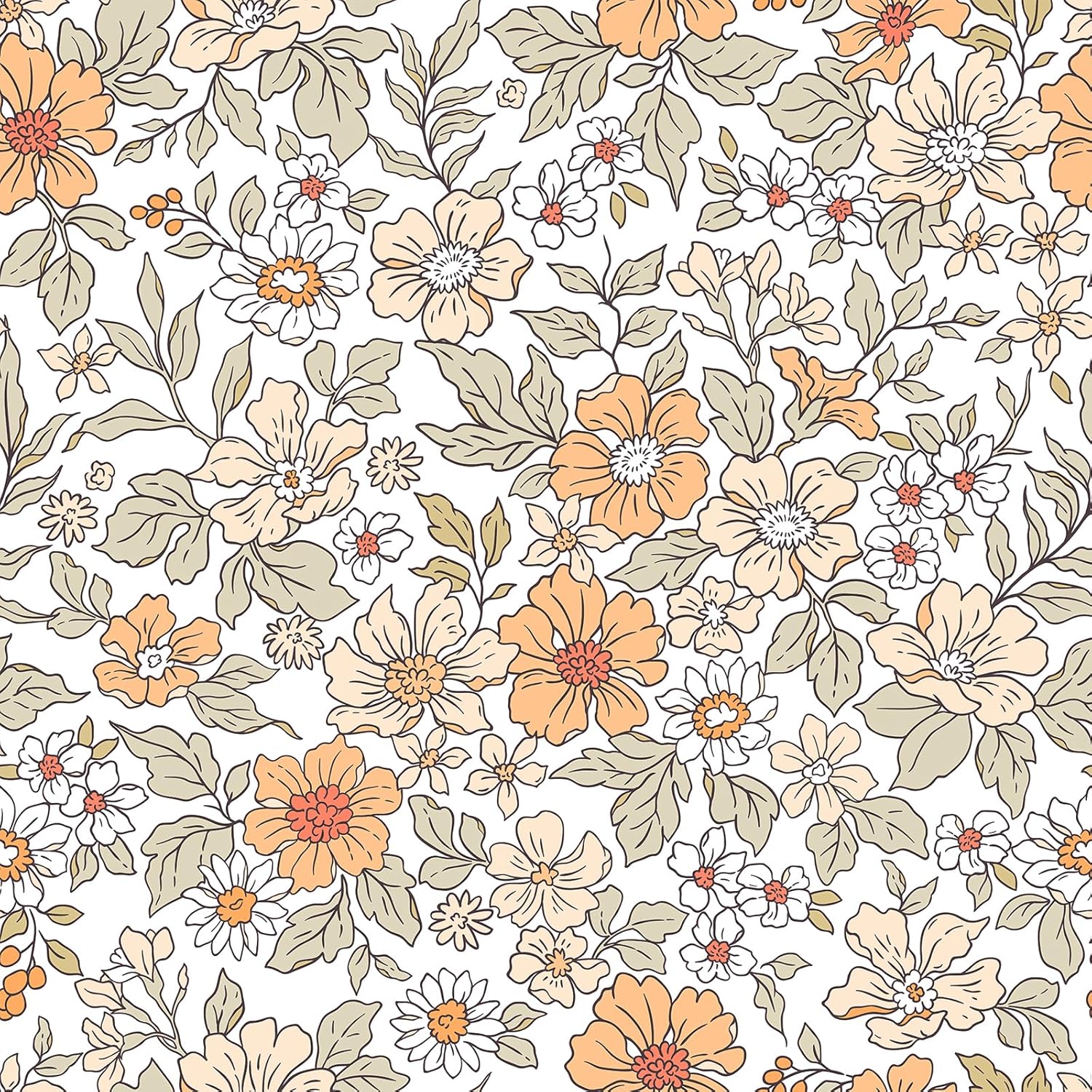 VEELIKE Peach Ditsy Daisy Floral Wallpaper Vintage Floral Peel and Stick Wallpaper for Girls Room Nursery 17.7''x354'' Removable Waterproof Floral Contact Paper for Cabinets Prepasted Flower Wallpaper