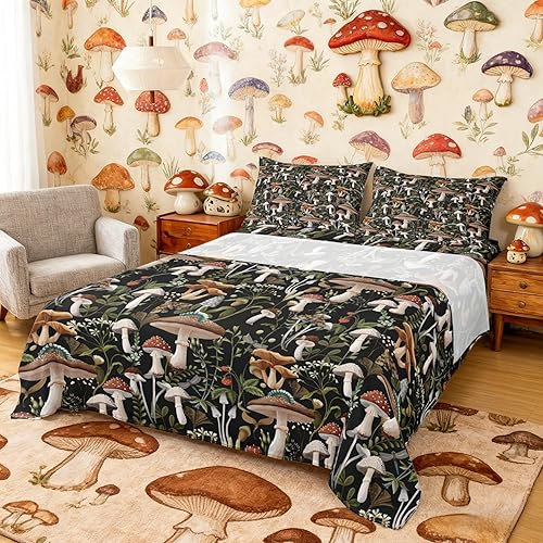 Juego de sábanas de champiñones, tamaño King, juego de ropa de cama de hongos trippy de fresa roja para dormitorio de niños, ropa de cama rústica