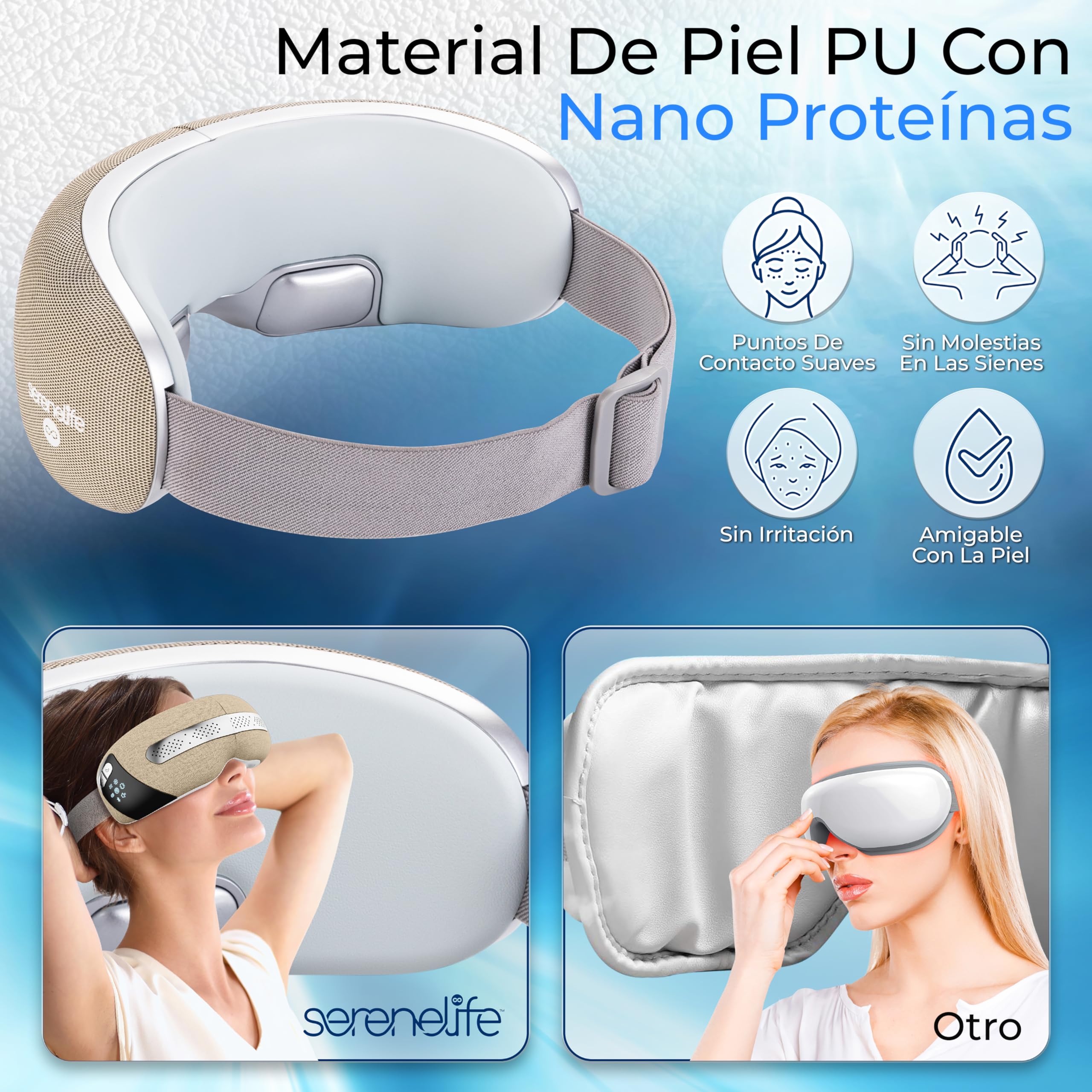 SereneLife masajeador de ojos con calor y enfriamiento, Compresión de aire y vibración, 5 modos de masaje, Música integrada, Gafas plegables, Inalámbrico y recargable para la relajación ocular