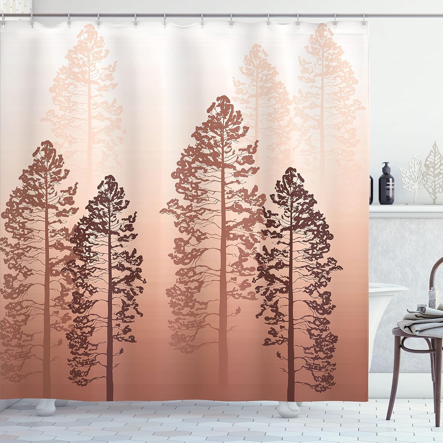 ★ご確認用★ Ambesonne カントリーシャワーカーテン 森の中の松の木 霧のようぼかし