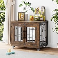Vista 15 de Mueble de jaula para perros con cojín, perrera de madera para interiores con puertas dobles, jaula para perros con ruedas, mesa auxiliar lateral