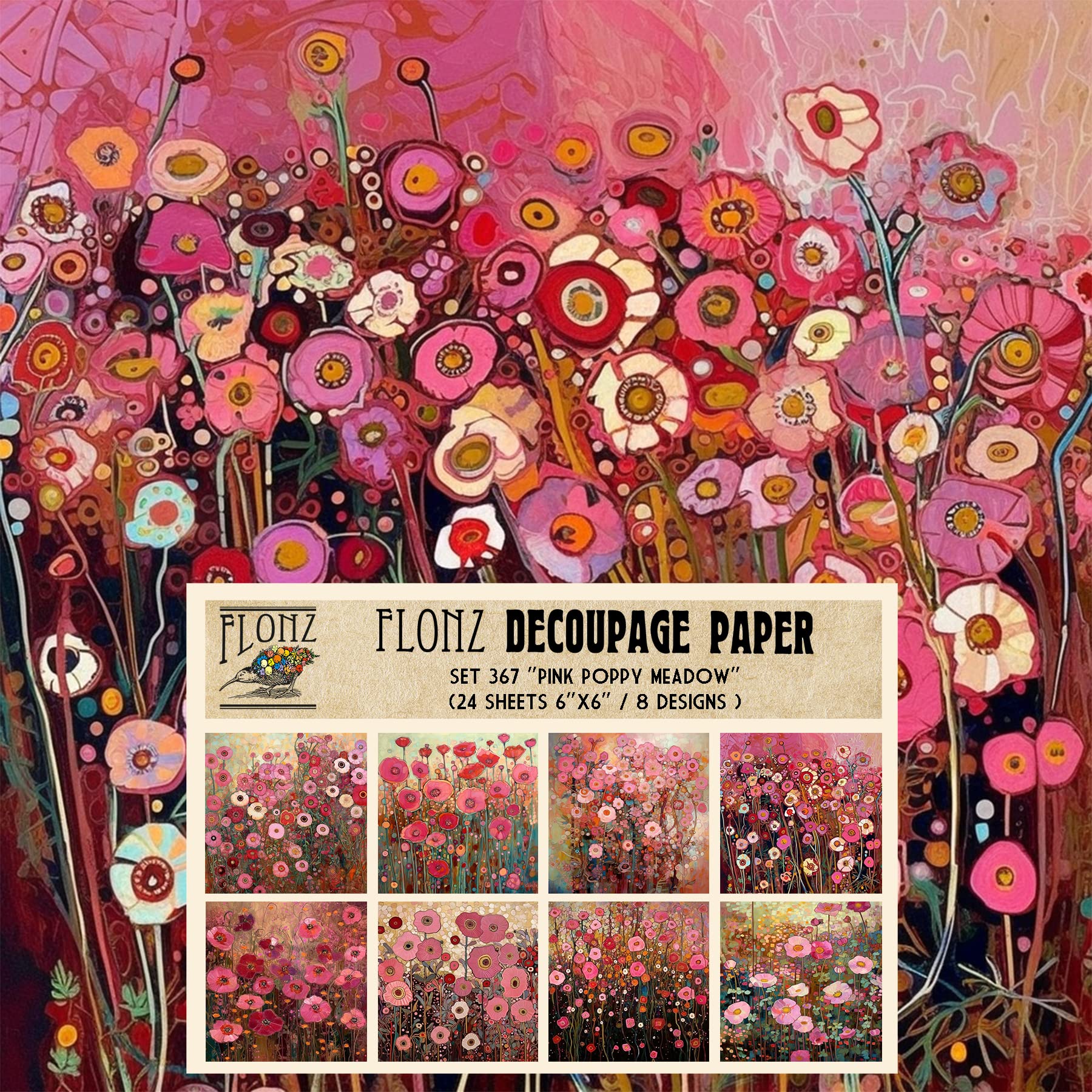Decoupage Paper Pack (24 Sheets 6"x6") Pink Poppy Meadow # Vintage Styled Pattern Paper for Decoupage, Craft and Scrapbooking