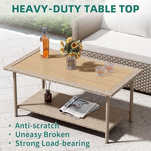 Miniatura 3 de YITAHOME Mesa de centro de mimbre para exteriores con 2 capas, mesa auxiliar rectangular exterior de 39.4 pulgadas con parte superior de madera