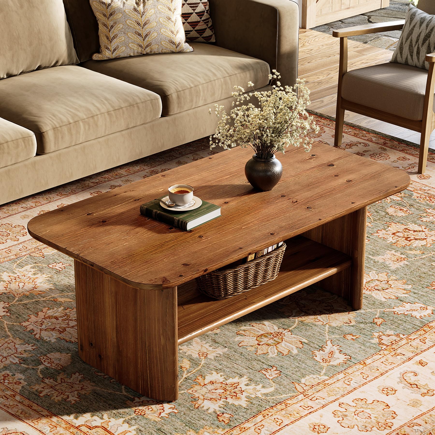 Mesa de Centro de Madera Maciza, Mesa de Centro Rectangular de 120 cm con Espacio de Almacenamiento, Mesita Auxiliar, Mesa de Té para Salón Oficina, Marrón