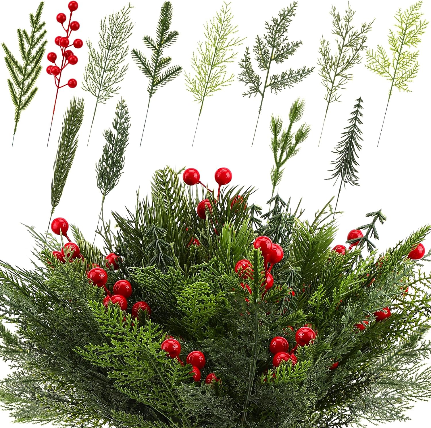 100 Pcs Artificial Pine Needles Christmas Greenery with White Berry Christmas Floral Picks Artificial Greenery Pine Picks for DIY Garland Wreath Xmas Embellishing Home Garden Decoration