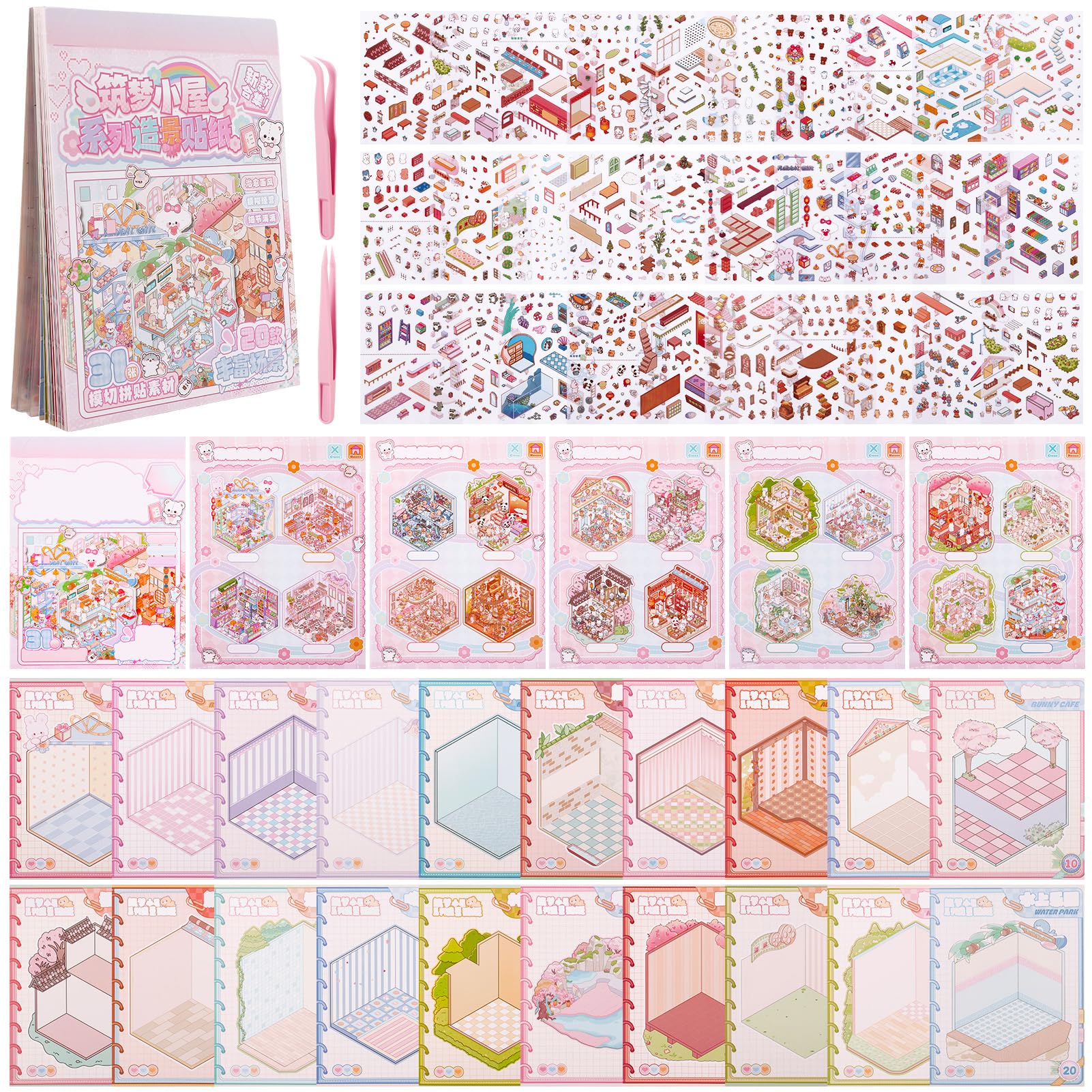 20 Sets DIY 3D House Stickers Scene Kit,3D Miniature Scene Therapy,Stress Relief Sticker Scenes with 2 Tweezers for Adults Kids Teens