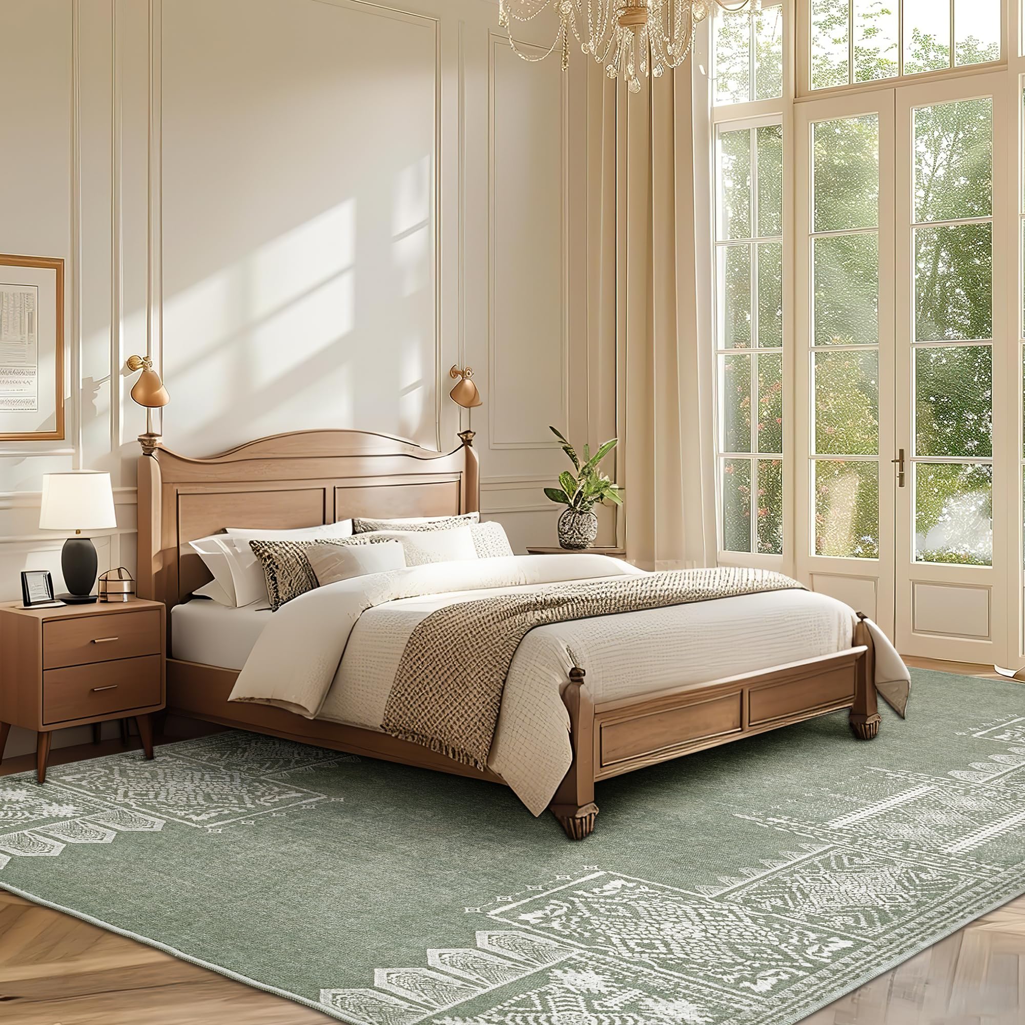 NICETOWN Washable 5x8 Green Area Rugs for Living Room, Ultra-Thin 5x8 Washable Christmas Rugs for Bedroom, Non-Slip Soft Large Bedroom Carpet Non