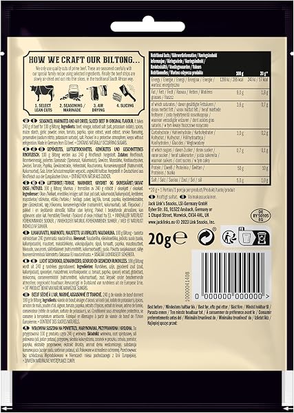 Jack Link’s Biltong Jerky Original - Pack de 12 (12 x 20 g) - Snack de viande sans gluten - Viande séchée riche en protéines pour le sport - Snack protéiné pauvre en calories - Chips de bœuf - 2
