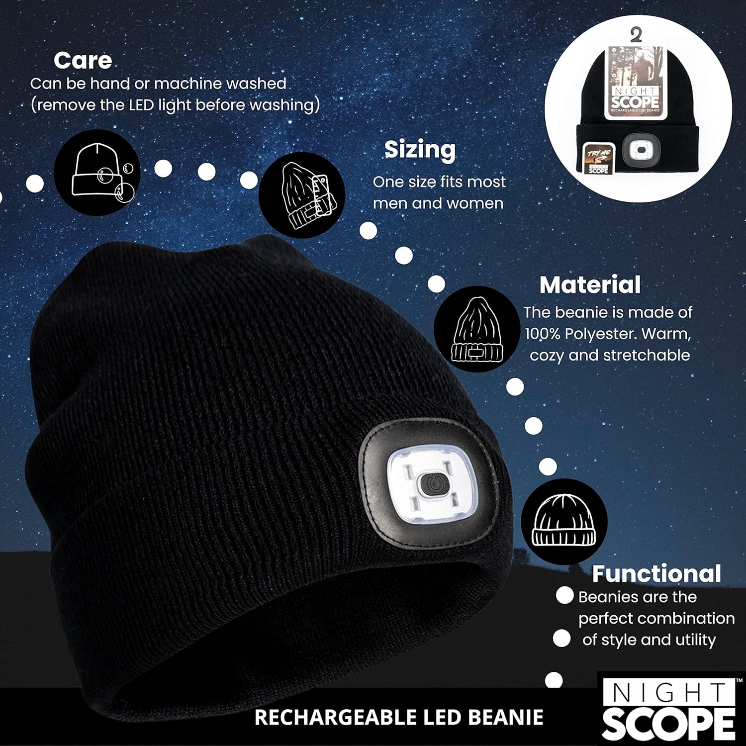 Night Scope Classic Rechargeable LED Warm Knit Beanie Head Light Hat Headlamp for Outdoor Activities - Image 3