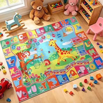 Rezutan Kids Rug, 4 X 5 Feet Soft & Non-Slip Toddler Children ABC Educational Collection Rug for Learning Alphabet, Numbers, Colors, Animal Words, Washable Classroom Carpat for Kids Room Decor