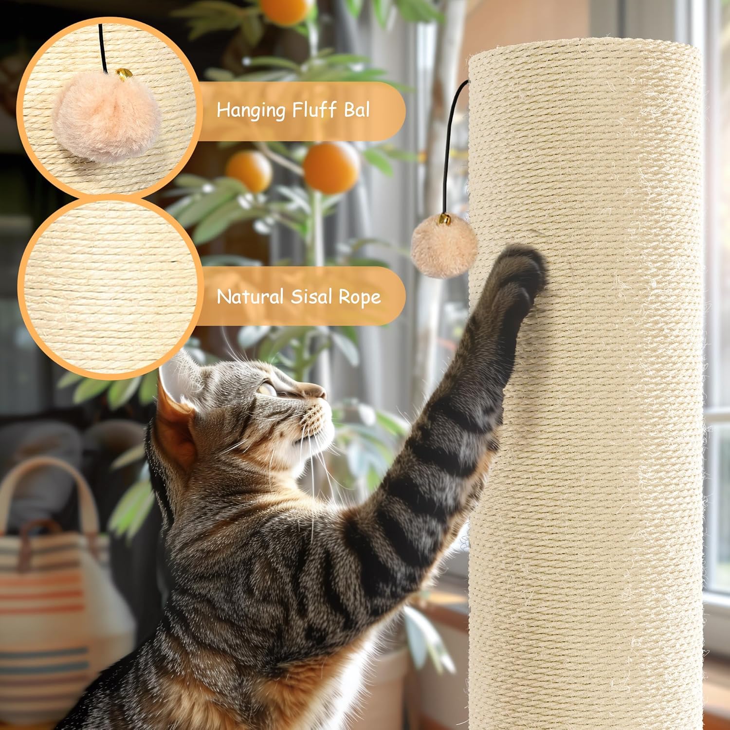 NUNU LAB 29.5 Inch Cat Scratching Post, 7.5 Inch Large Diameter Natural Sisal Cat Scratch Post, Scratch-Resistant Tall Cat Scratcher for Indoor Cats, Protect Your Furniture 1PCS (29.5" 1Pcs)