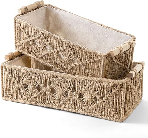 Miniatura 5 de Mkono Cestas de almacenamiento de macramé, caja de decoración bohemia tejida a mano, para encimera, estante de inodoro, organizador de gabinete para